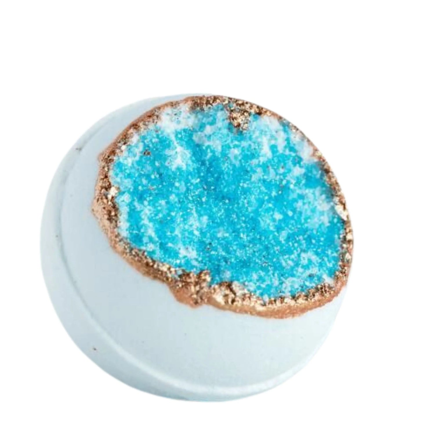 Geometric stone with blue center and gold rim on a white background