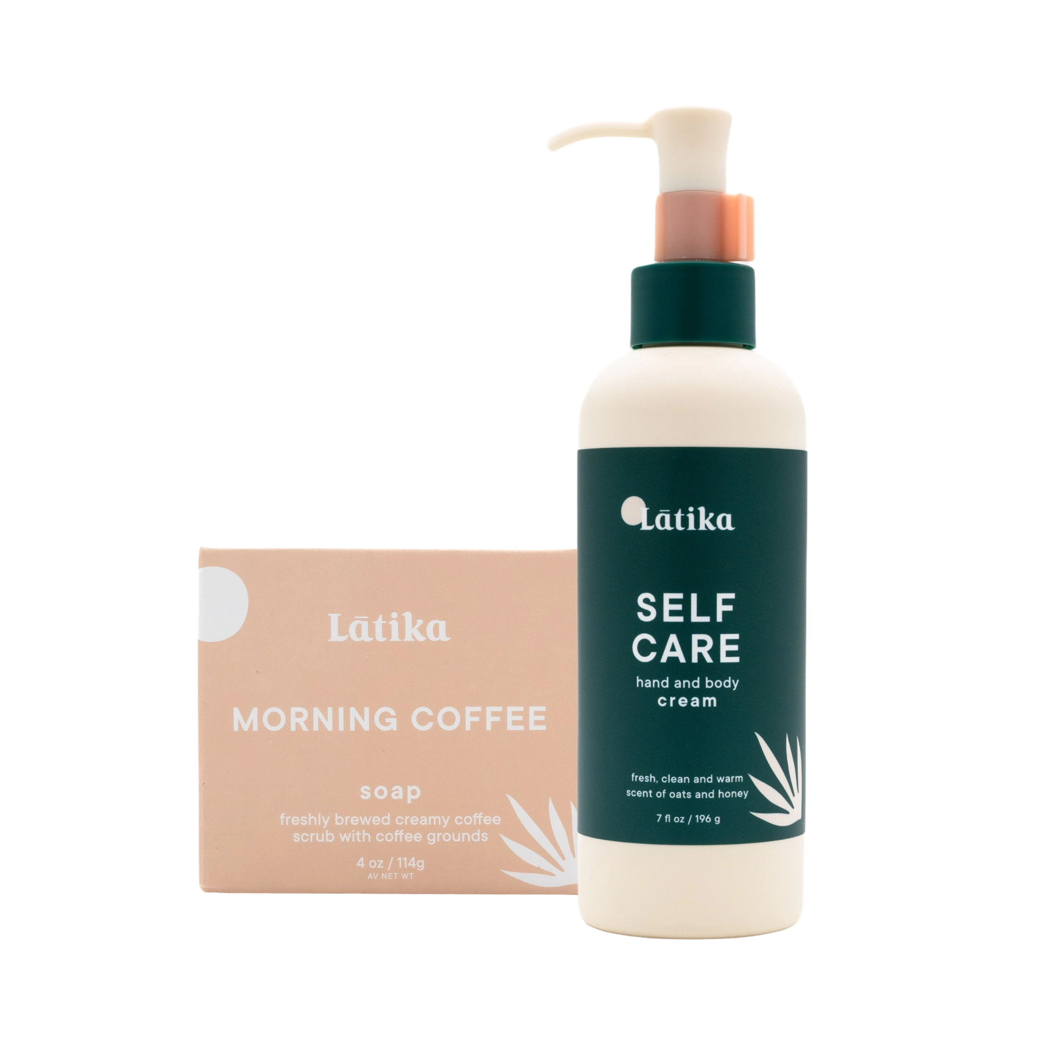 Latika self care hand and body cream bottle with soap packaging on a white background