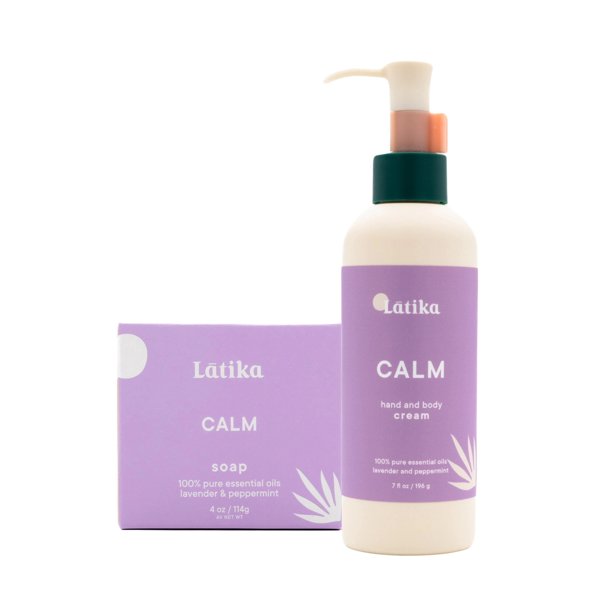 Latika Calm hand and body cream bottle and soap bar on a white background