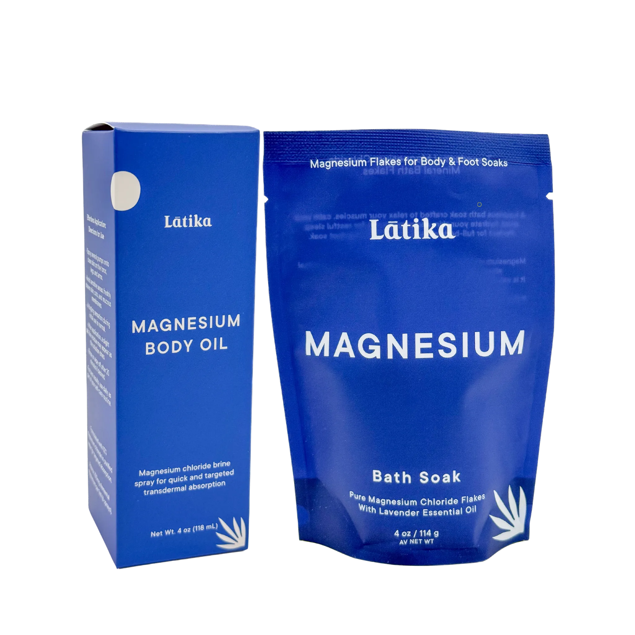 Blue packaging of Latika Magnesium Body Oil and Bath Soak on a white background