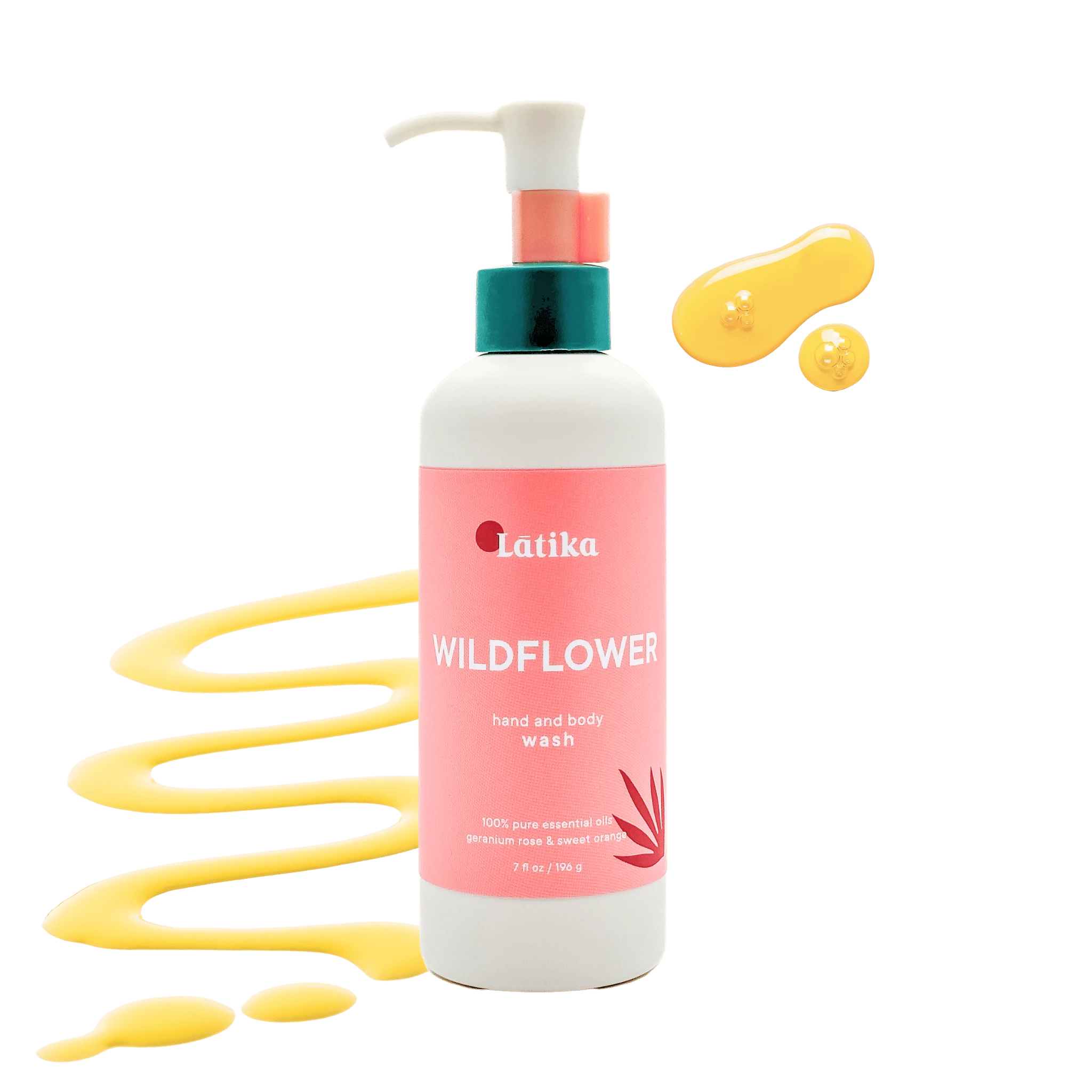 A pump bottle of Latika Wildflower Hand and Body Wash with a floral design on the label, alongside a splash of water and geranium leaves.