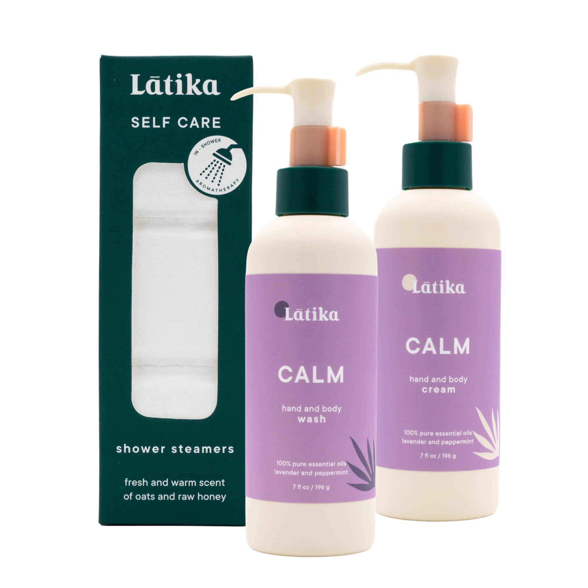 Two bottles of Latika Calm hand and body cream with a shower steamers box on a white background
