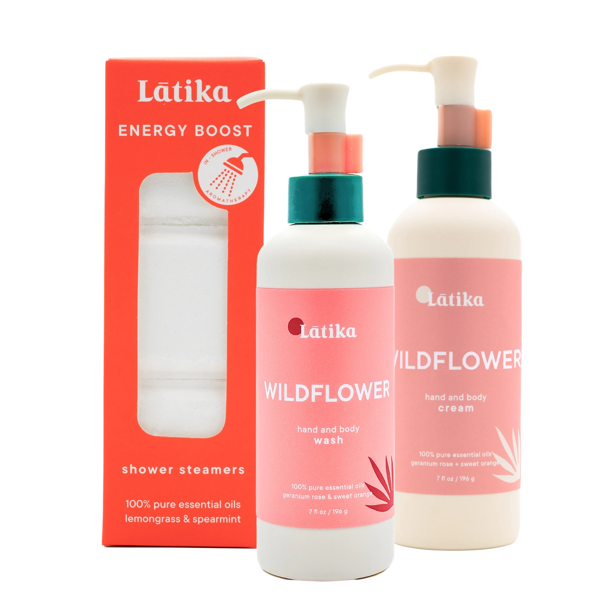 Two bottles of Latika Wildflower shower products with packaging on a white background