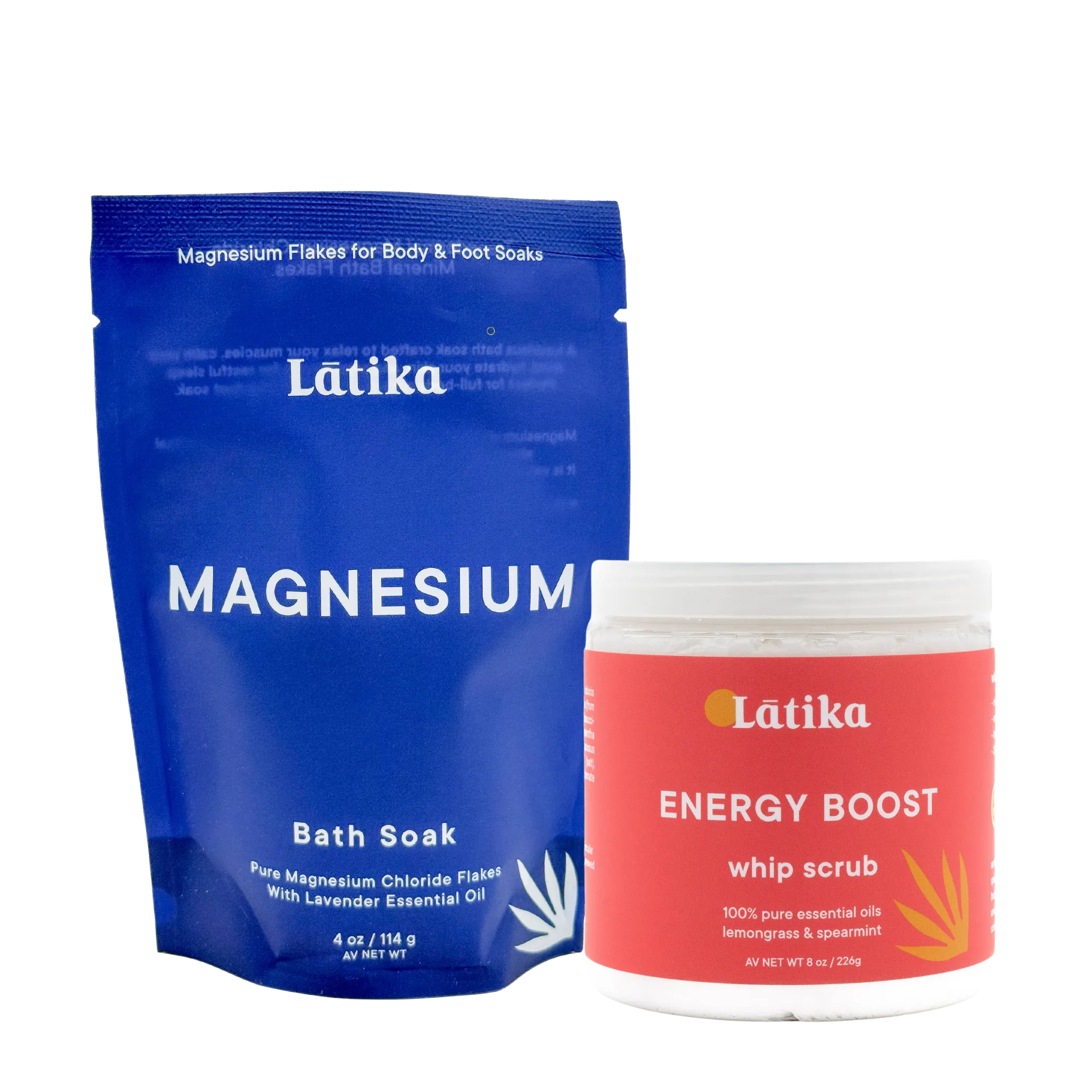 Blue package of Latika Magnesium Bath Soak and red container of Latika Energy Boost Whip Scrub on a white background
