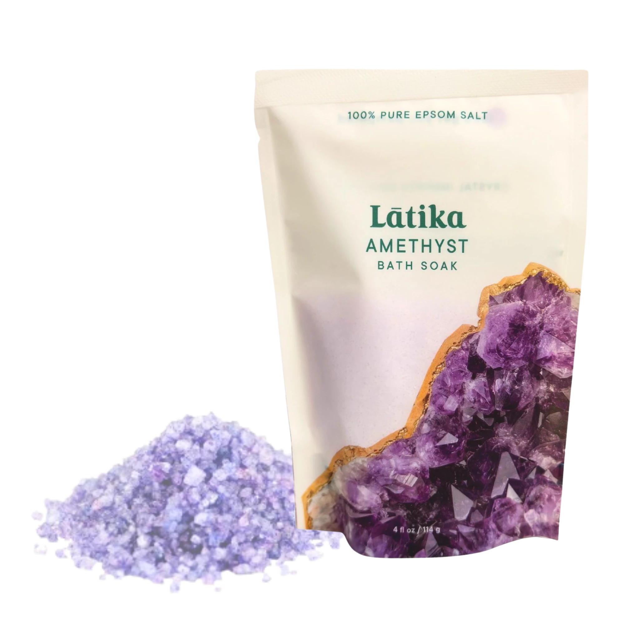 Amethyst Geode Crystal Mineral Bath Soak with lavender, clary sage, and eucalyptus scent in purple mineral color by Latika Beauty