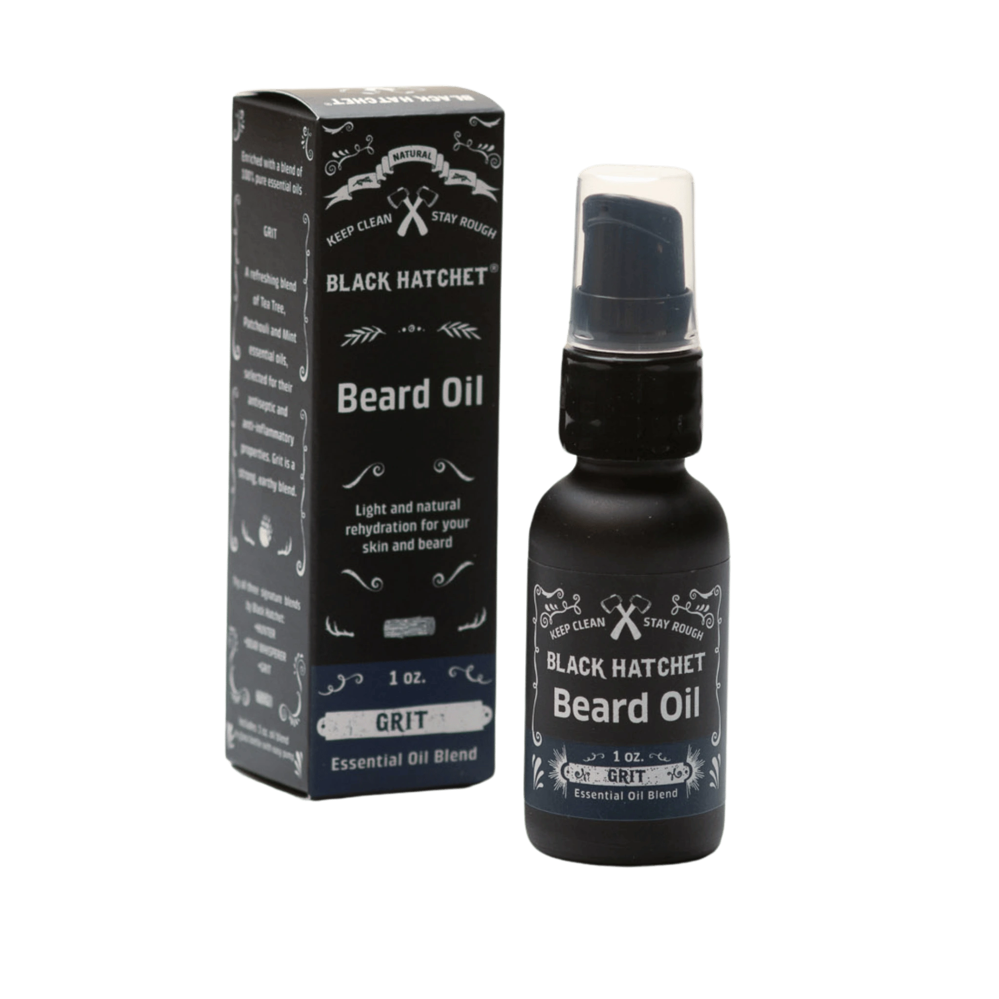 bottle of beard oil with pump, natural oils for shaving and beard softening