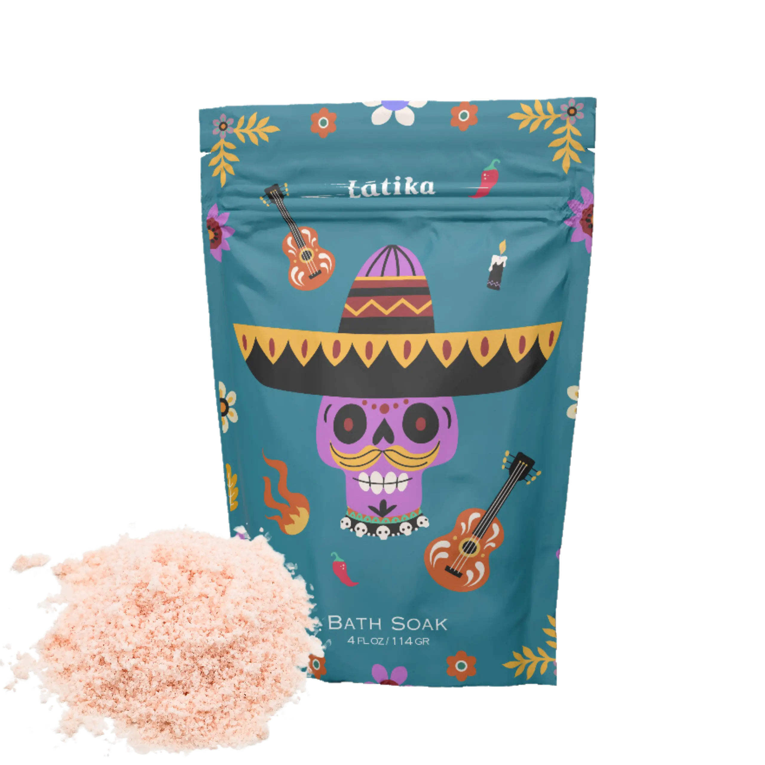 Latika bath soak packaging with a colorful design and pink bath salts on a white background. for a day of the dead theme