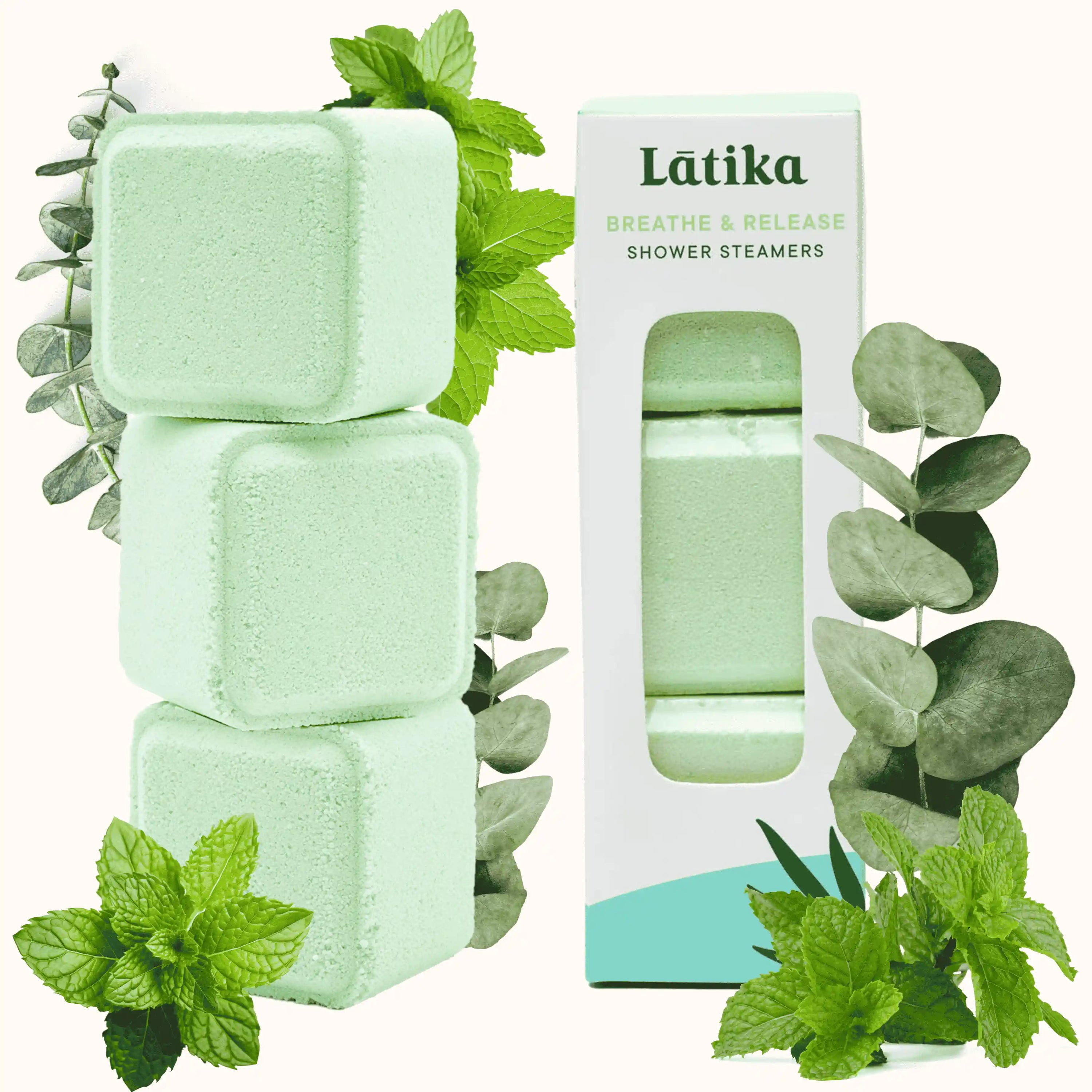 Green shower steamers with eucalyptus and mint breathe and release an essential oil blend for cold relief