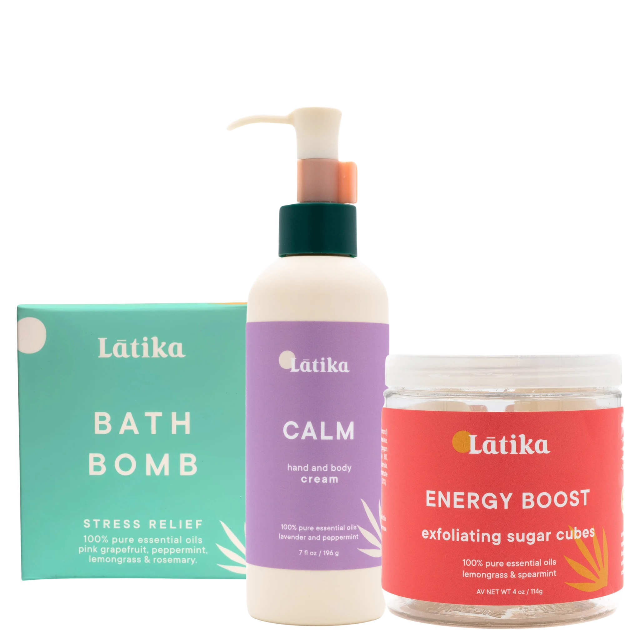 Collection of Latika skincare products including a bath bomb, hand and body cream, and exfoliating sugar cubes on a white background.