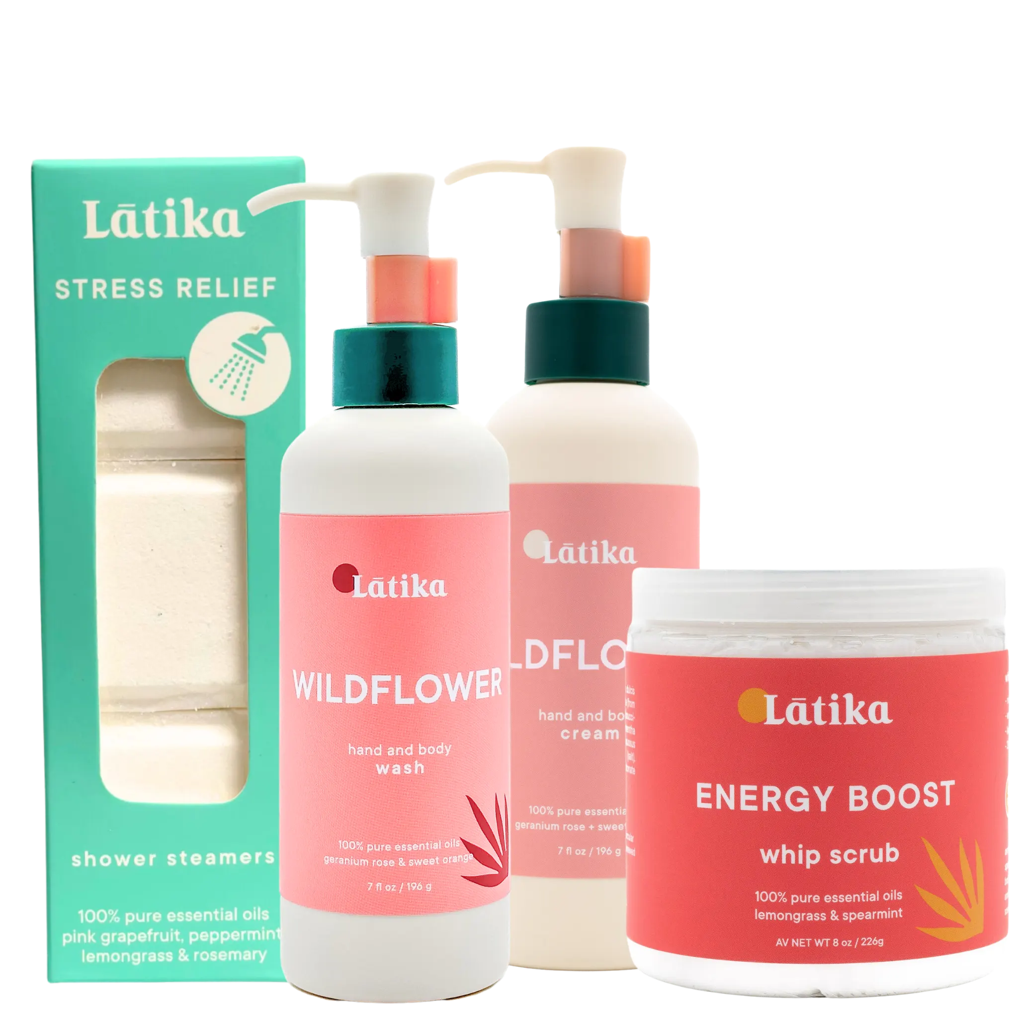 Latika skincare products including bottles and a jar on a white background