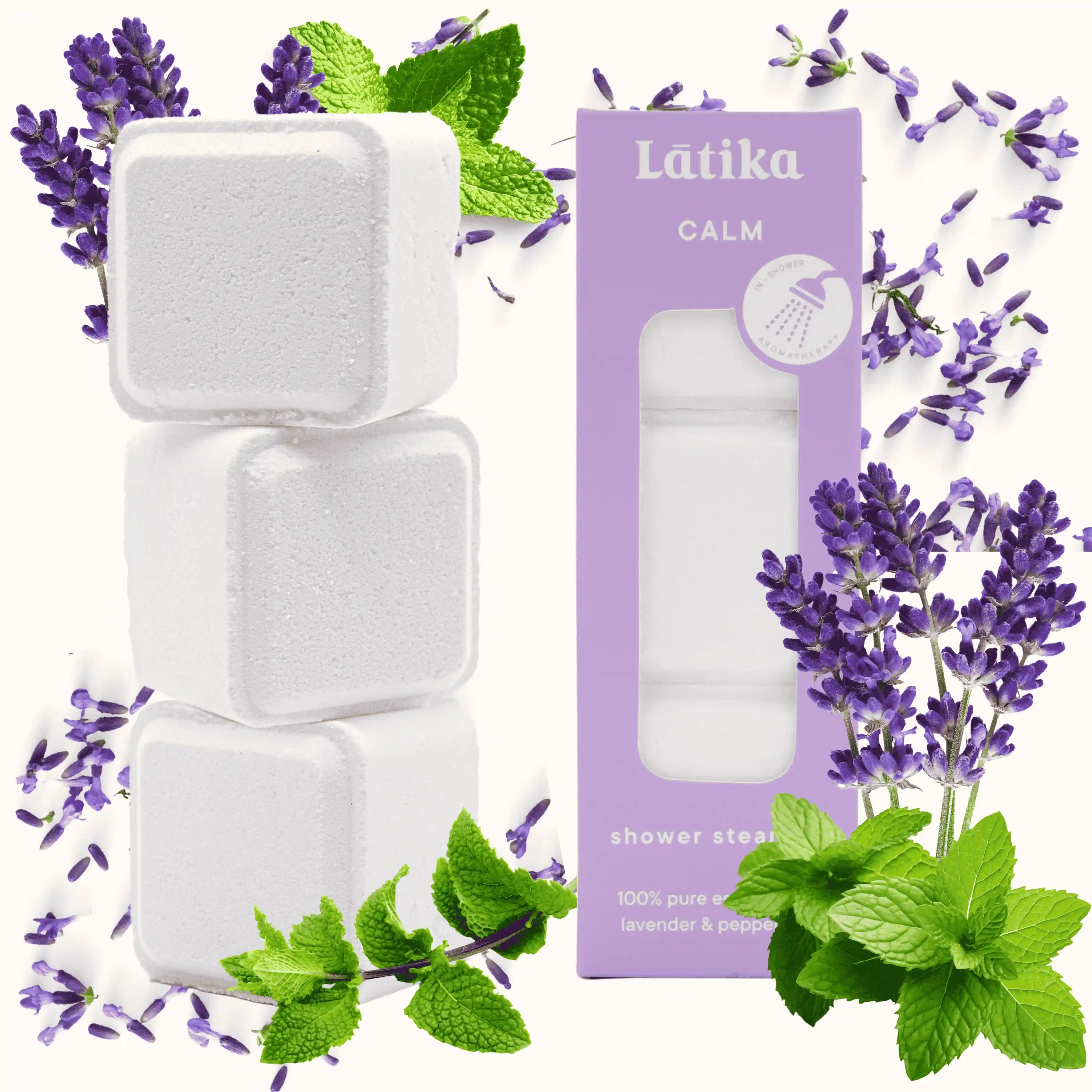 calm shower ateamer set of 3 cubes and photos of lavender and mint leaves