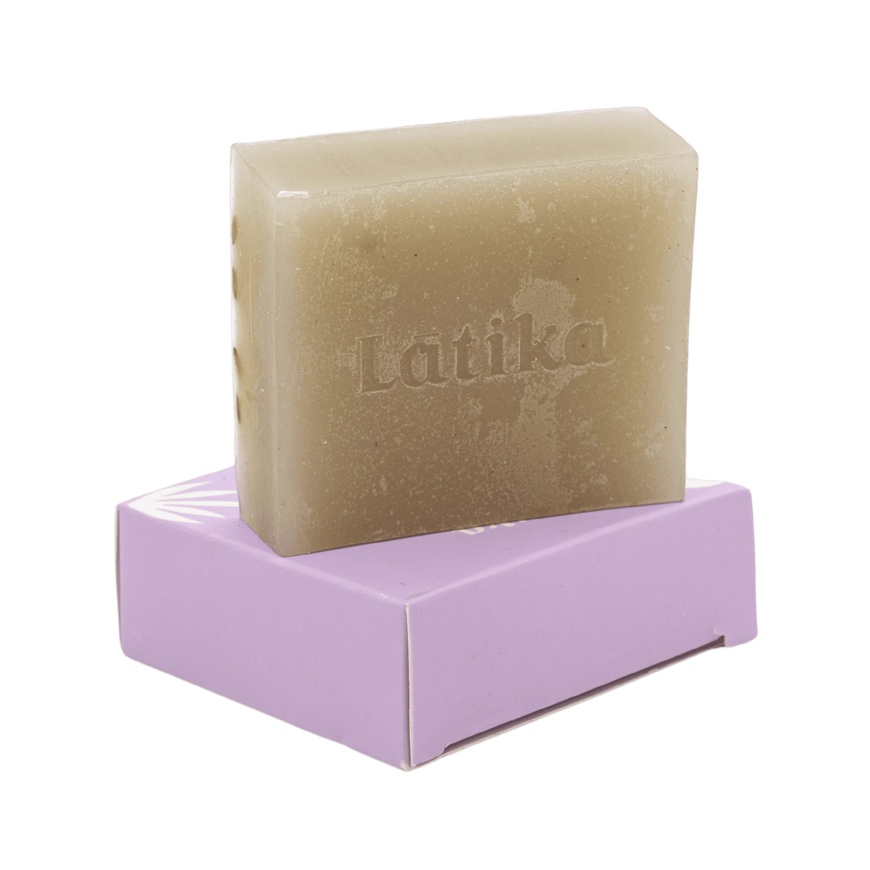 Bar of soap on a purple soap dish with &