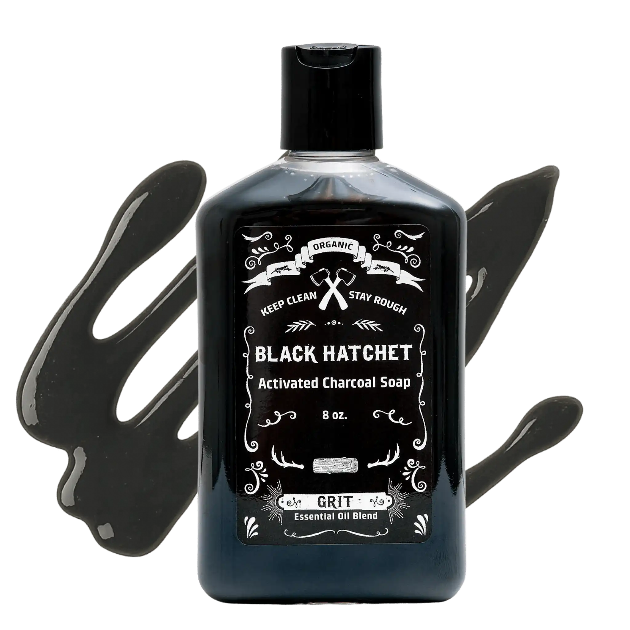 black hatchet liquid soap bottle with black body wash behind it, for beard and body wash