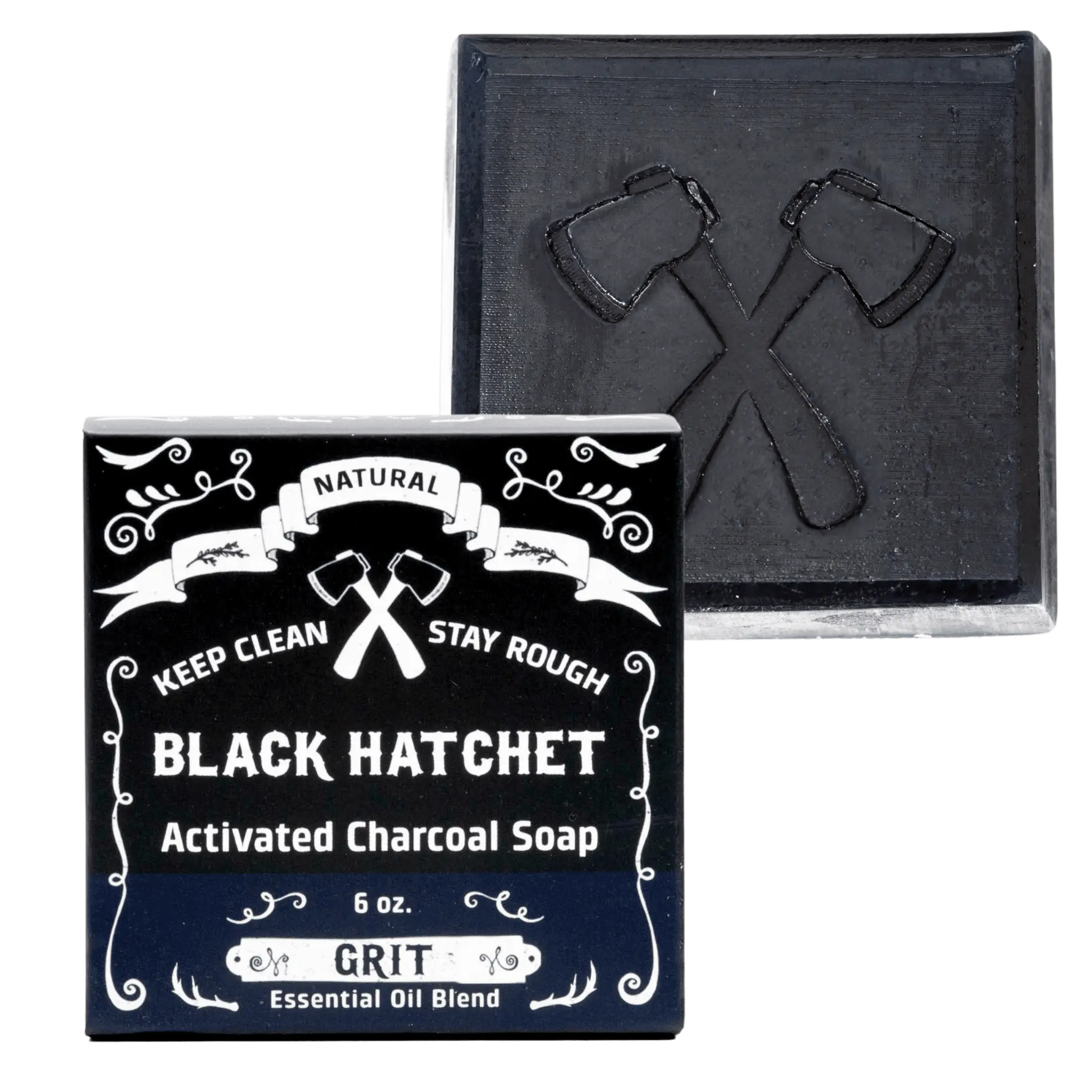 black bar soap and its box that says it is organic charcoal soap for skin and beard