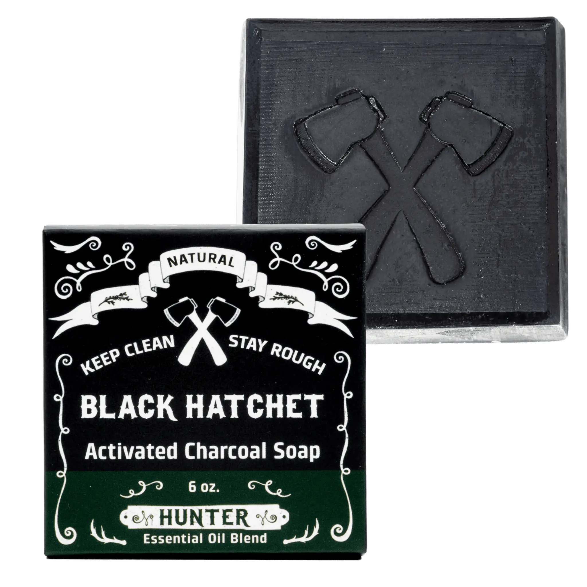 Black activated charcoal soap bar with packaging featuring crossed axes and branding text.