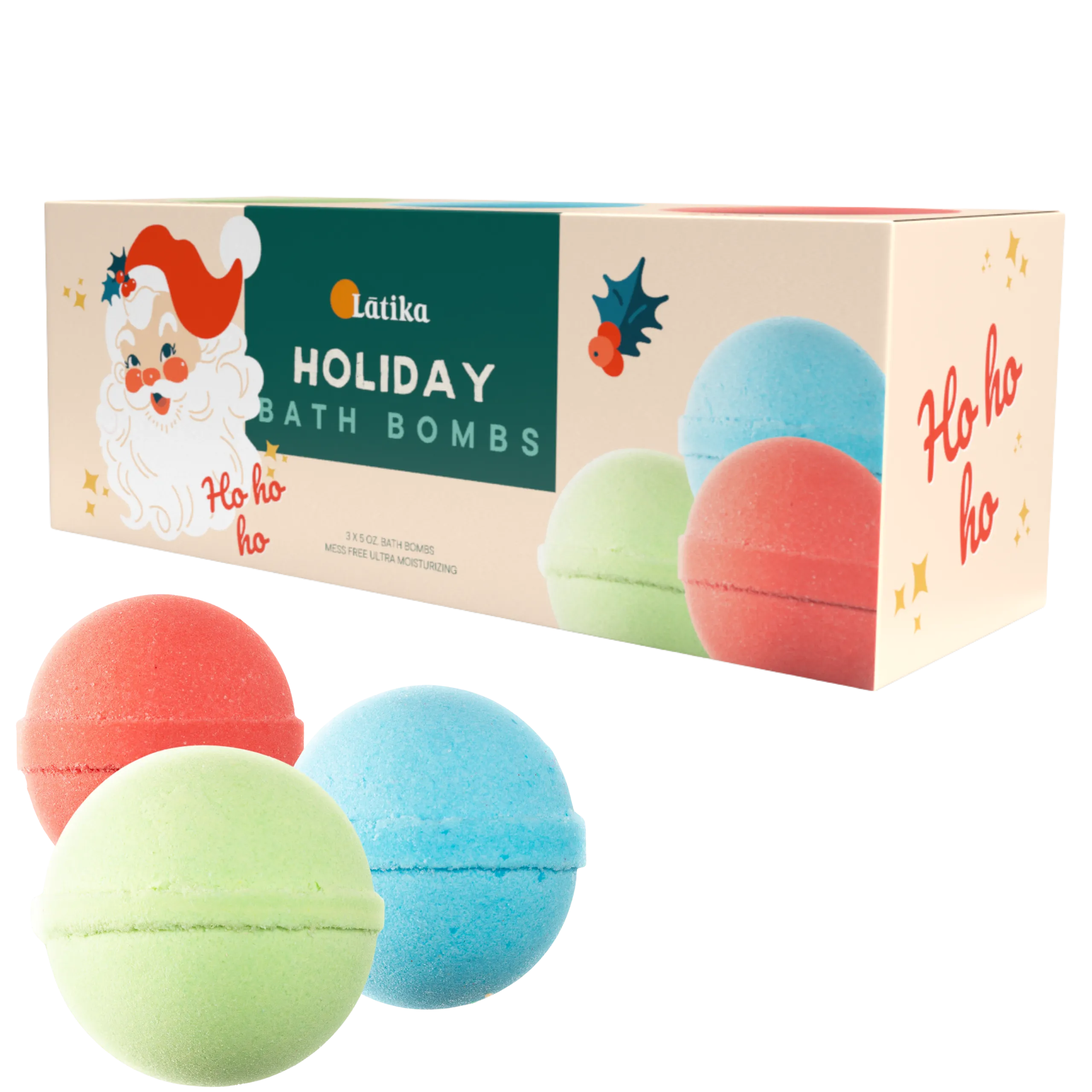 Latika Holiday Bath Bombs with colorful packaging on a white background