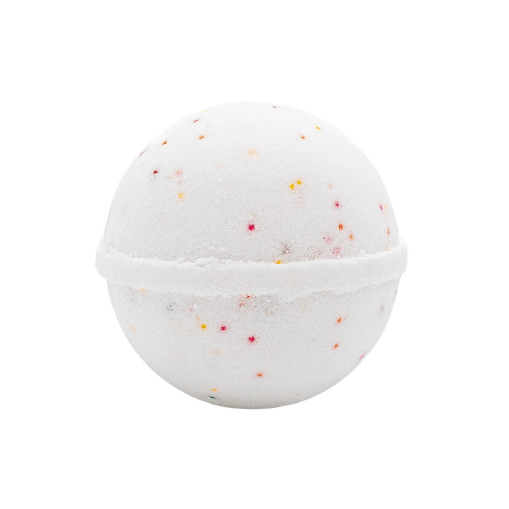 a white bath bomb with sprinkles and a birthday cake scent, designed to provide a moisturizing and mess-free bath experience