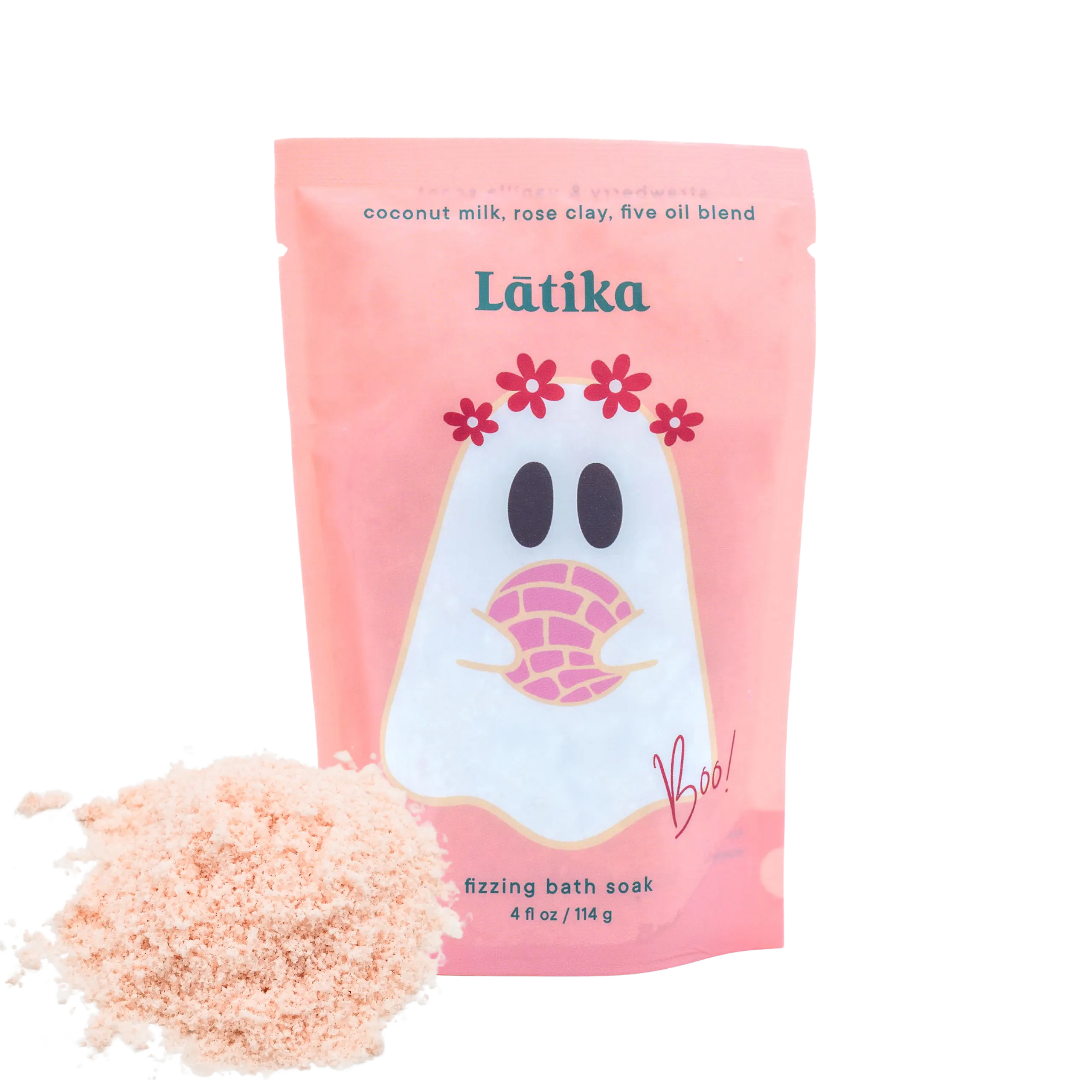 Pink packaging of Látika fizzing bath soak with a cartoon ghost design on a white background.