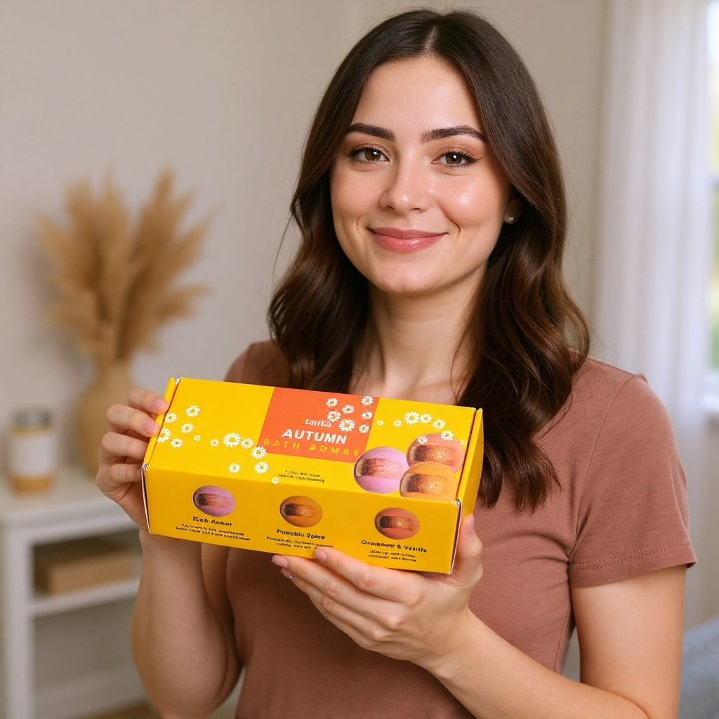 women holding a fall themed bath bomb gift box and smiling
