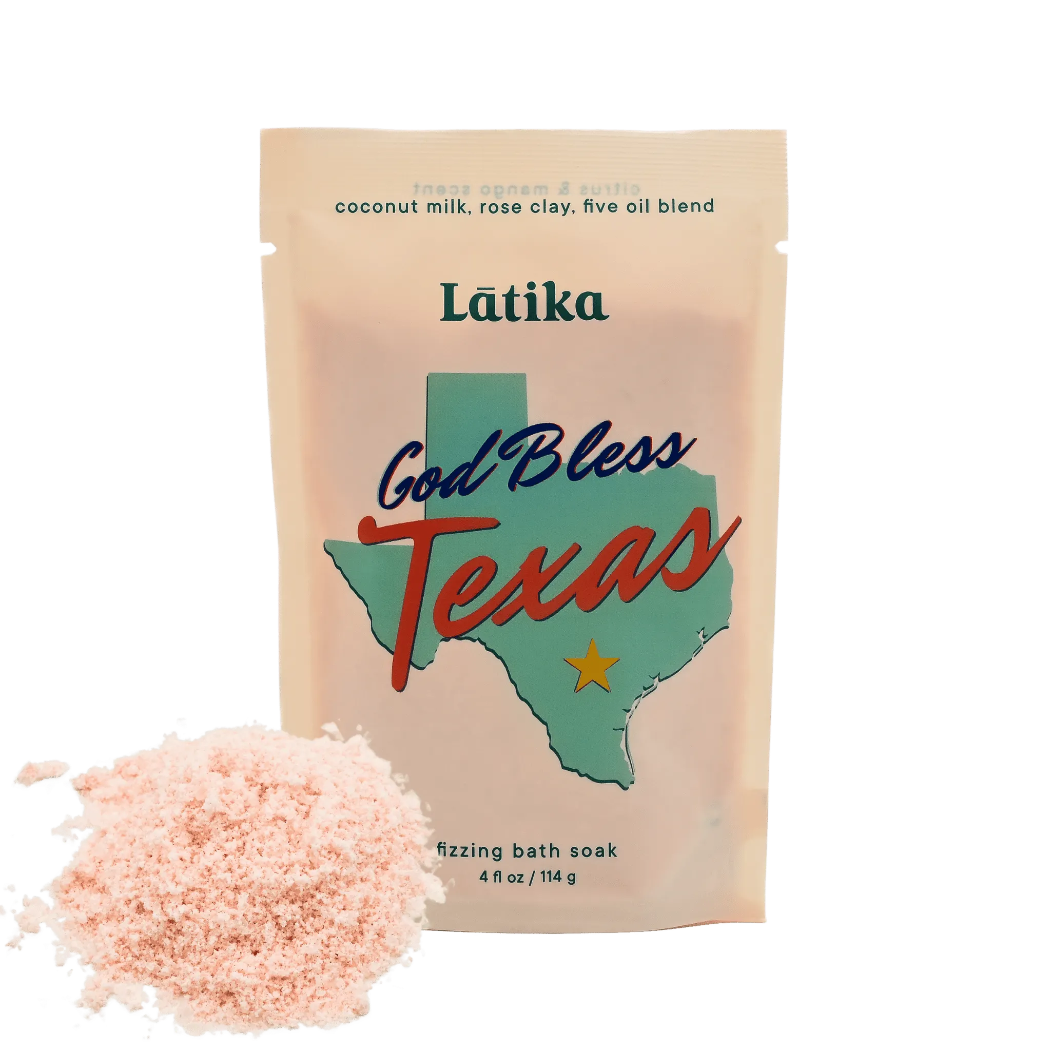 Packaging of Bless Texas Fizzing Epsom Bath Soak with an illustration of Texas and a Star, alongside a small pile of pink effervescent bath salts.