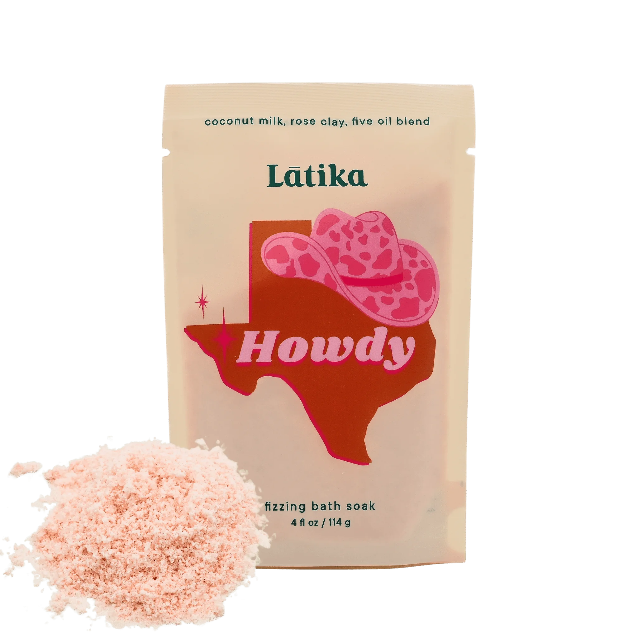 Packaging of Howdy Fizzing Epsom Bath Soak with a illustration of a state and text indicating the product name and brand. The product is depicted as a pinkish-fizzing bath soak.