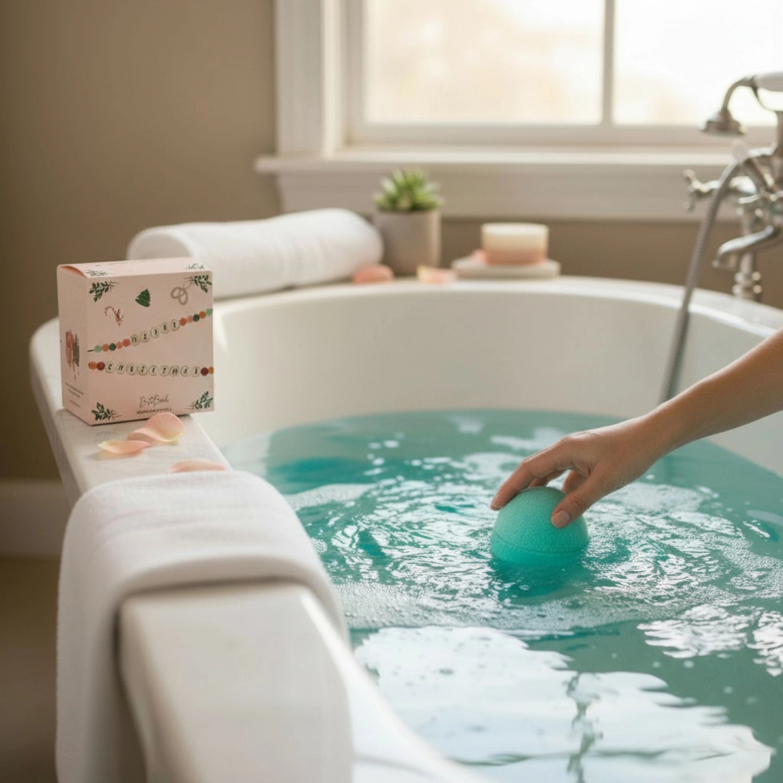 Person holding a blue ball in a bathtub with a box of bath bombs on the edge.