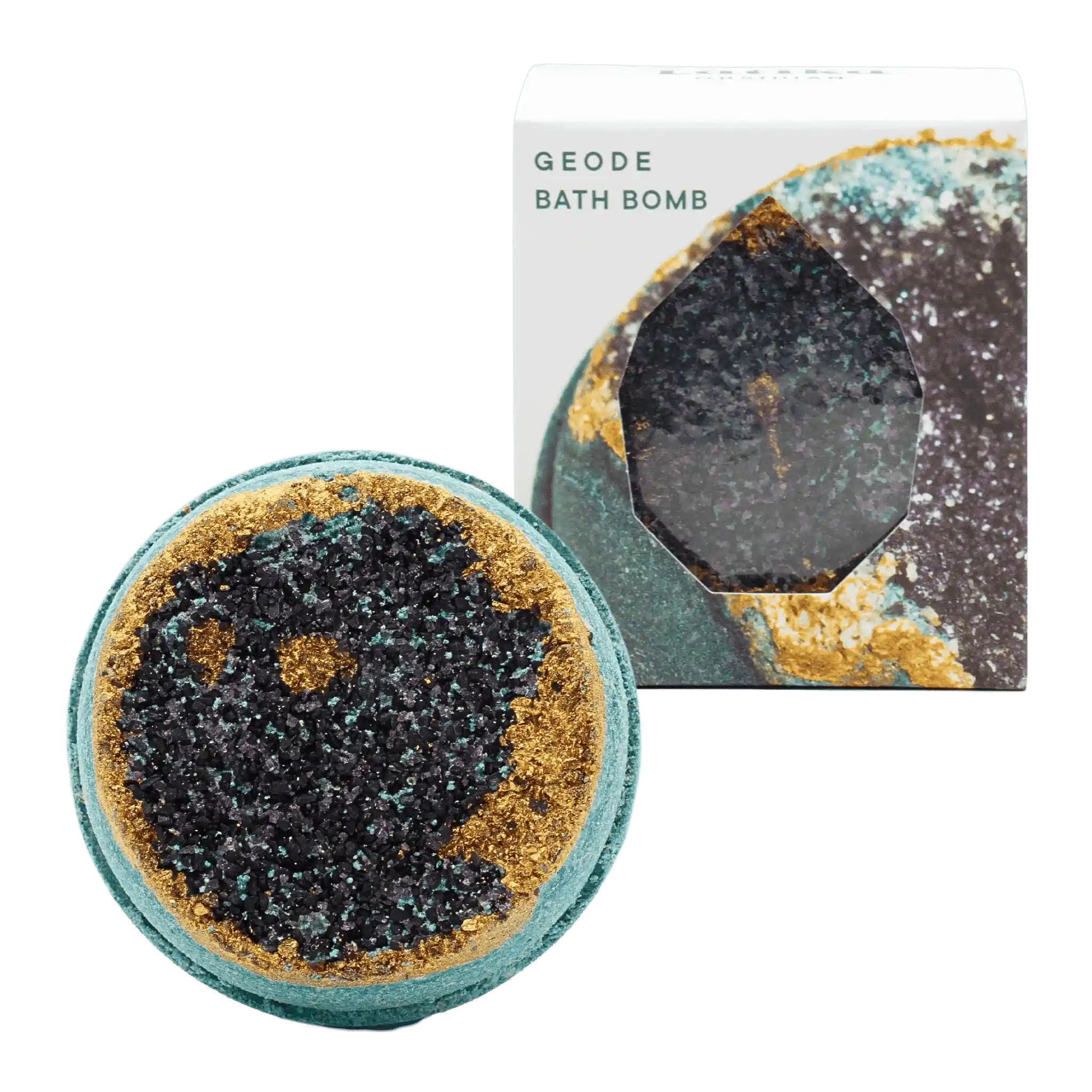 A bath bomb designed to resemble a black geode, with a black center placed next to its packaging, which has &