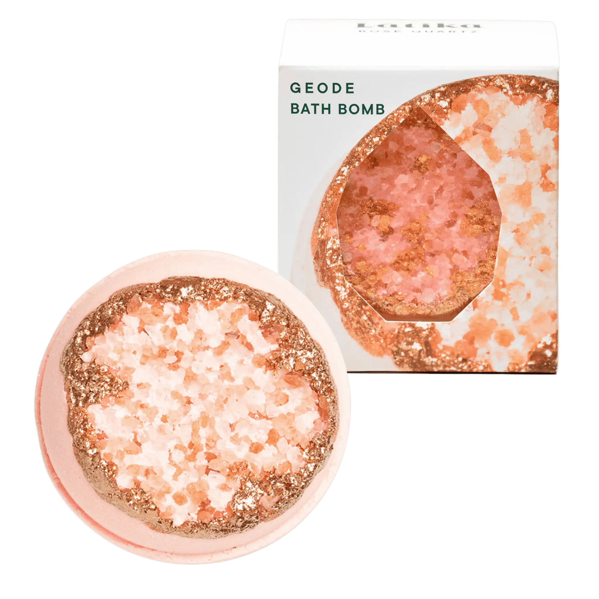 A bath bomb featuring a rose quartz color scheme, accompanied by a bath bomb itself with visible glittery inclusions. rose quartz geode crystal inspired bath bomb for a scented soak.