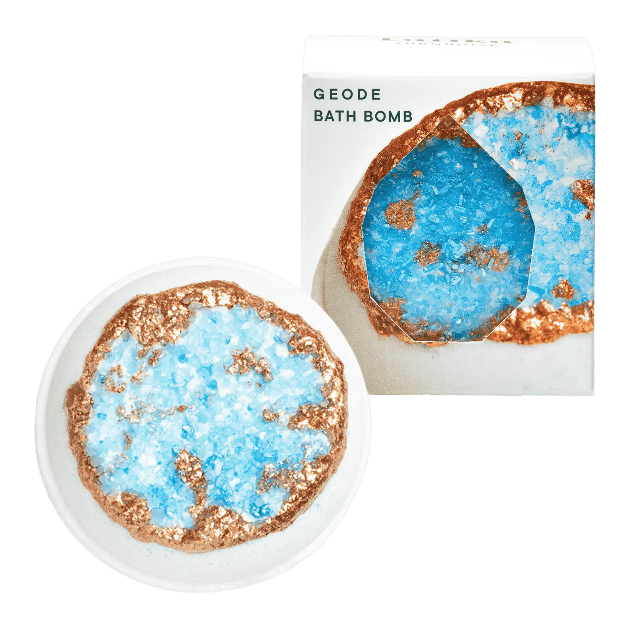 A geode bath bomb with a turquoise center and gold accents on a white background, alongside a depiction of the bath bomb being used in a bath tub.