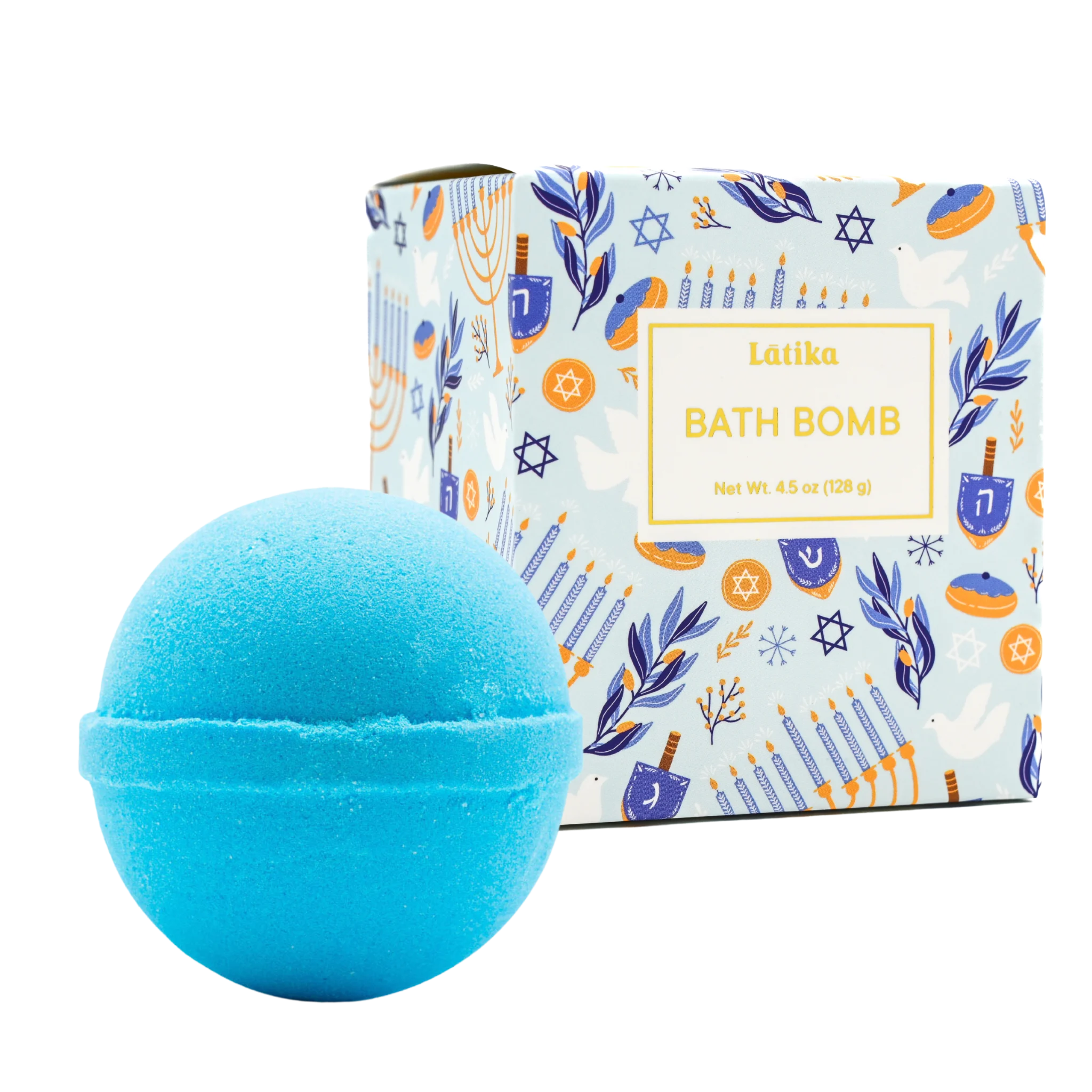 Blue bath bomb with Hanukkah menorah Bath Bomb packaging