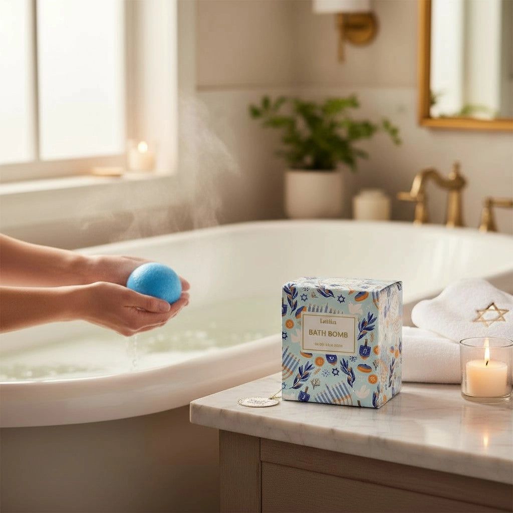 Person holding a blue bath bomb next to a box of Hanukkah bath bombs in a bathroom setting. The box is elegant and features gold decor.