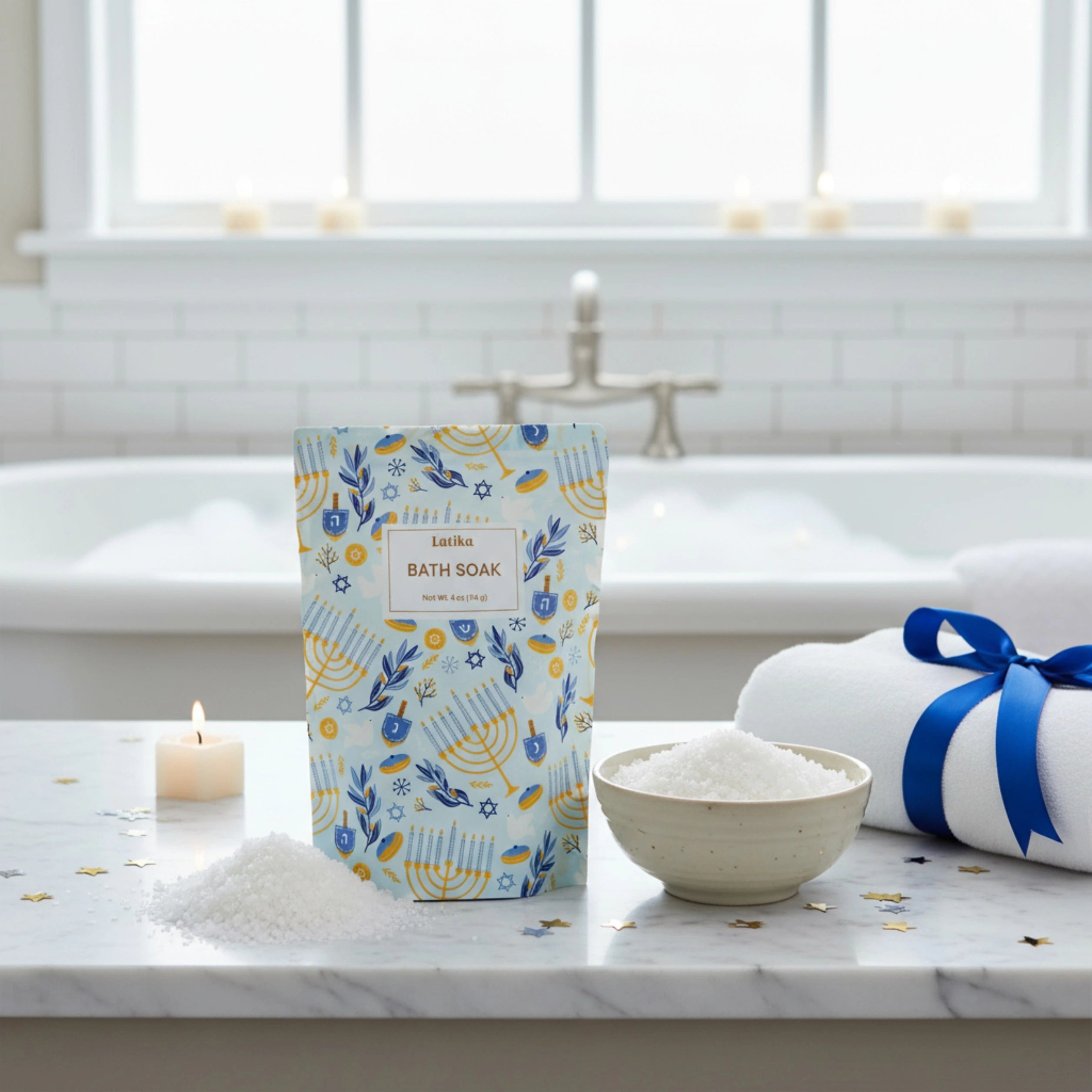 Hanukkah-themed bath soak packaging with a bowl of bath salts on a marble surface, with a bathtub in the background.