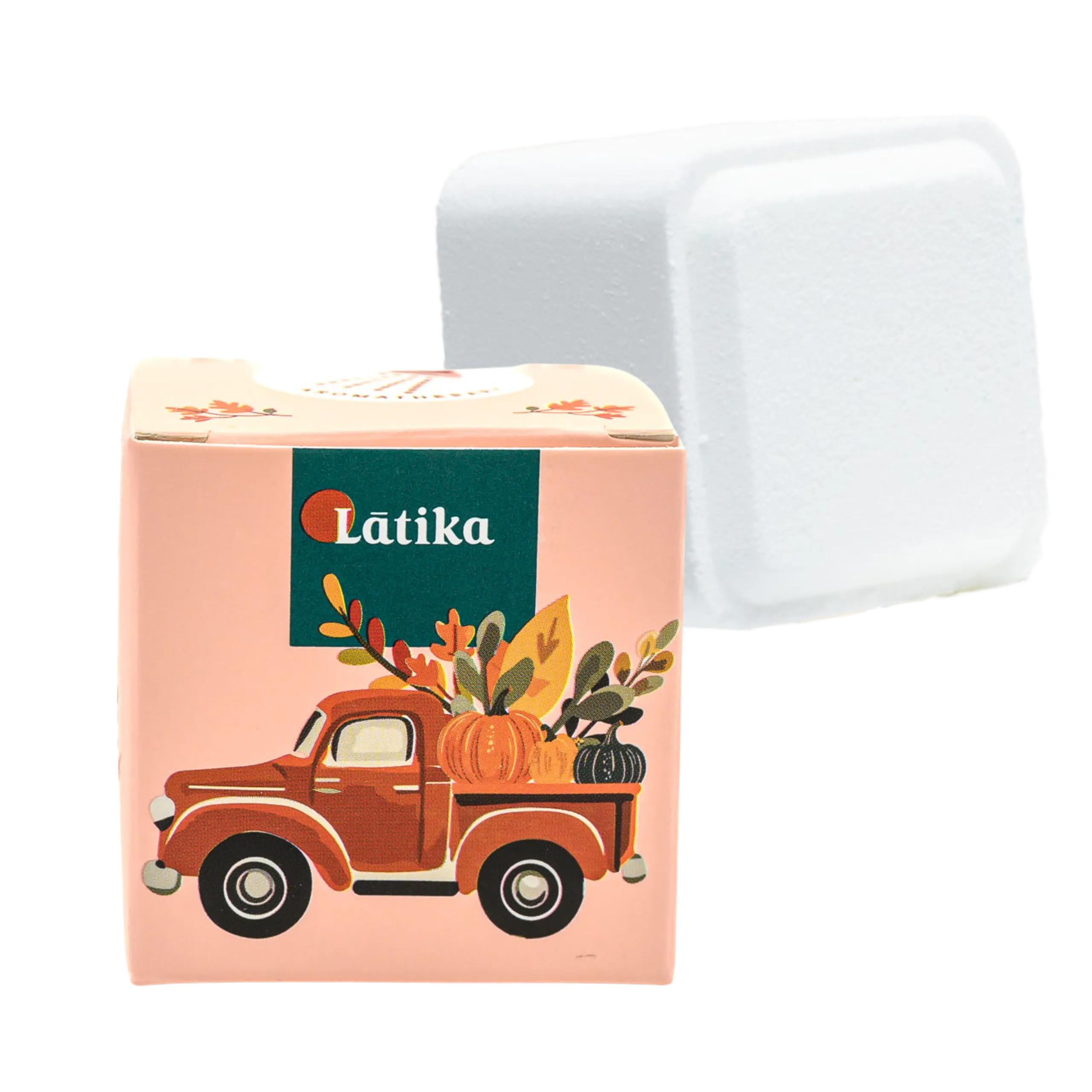 shower steamer with packaging featuring a vintage truck-and-pumpkin design, branded &