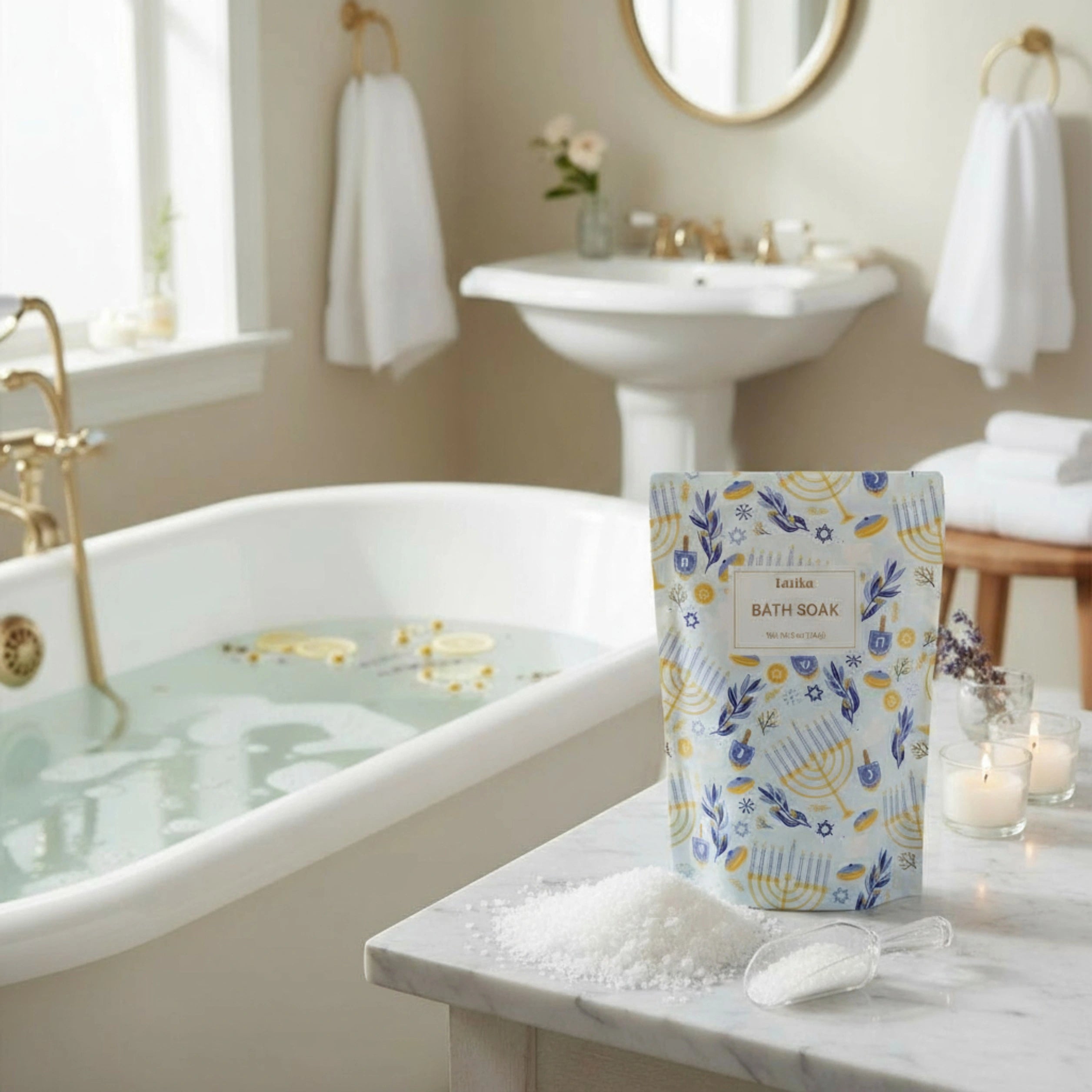 Hanukkah bath soak packaging on a marble surface with a bathtub and sink in the background