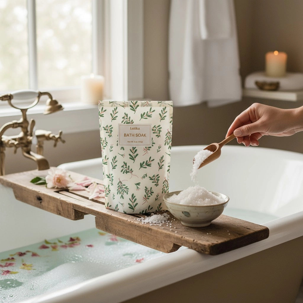Bath caddy with Lush bath salts, wooden spoon, and flowers in a bathtub.