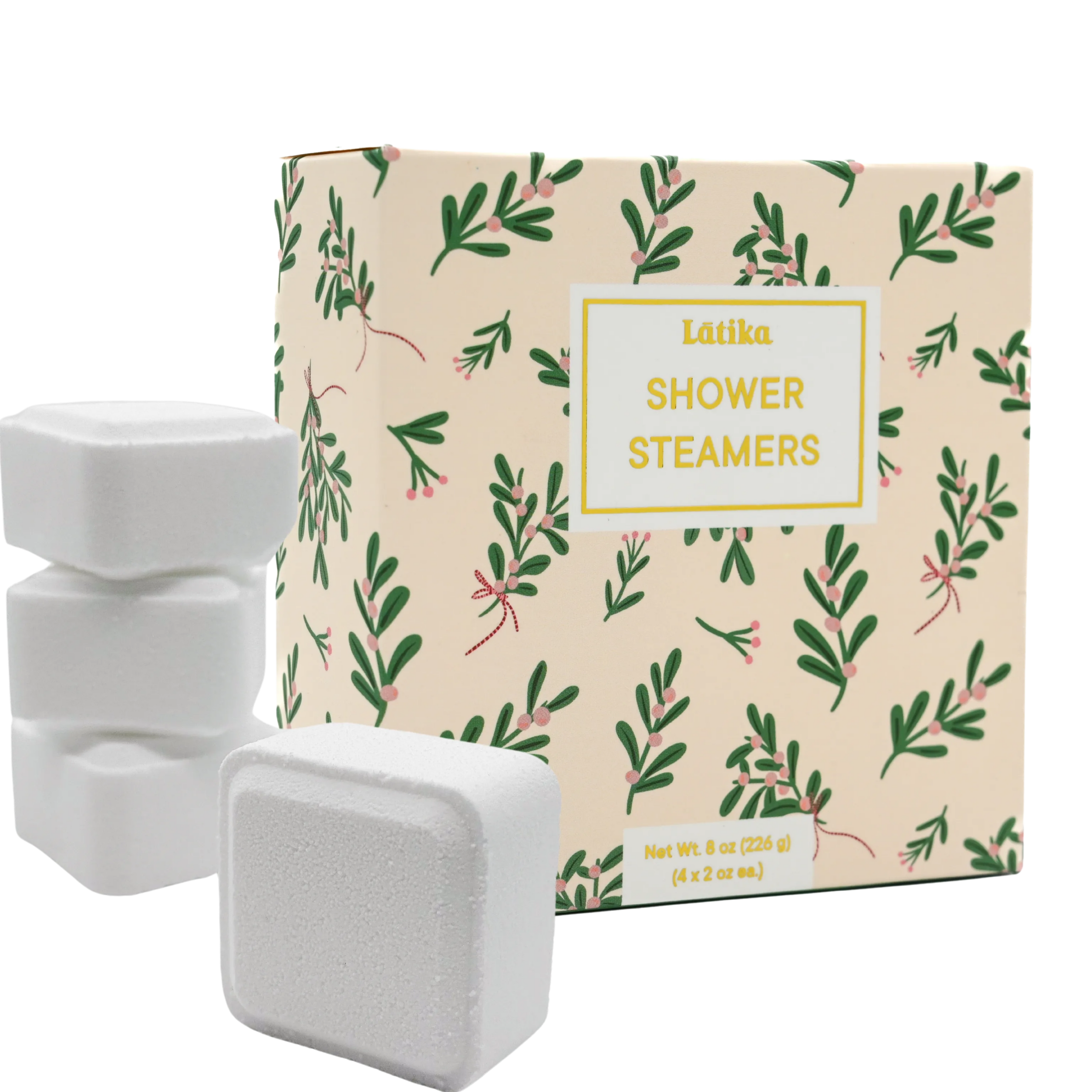 shower steamers with a decorative box on a white background