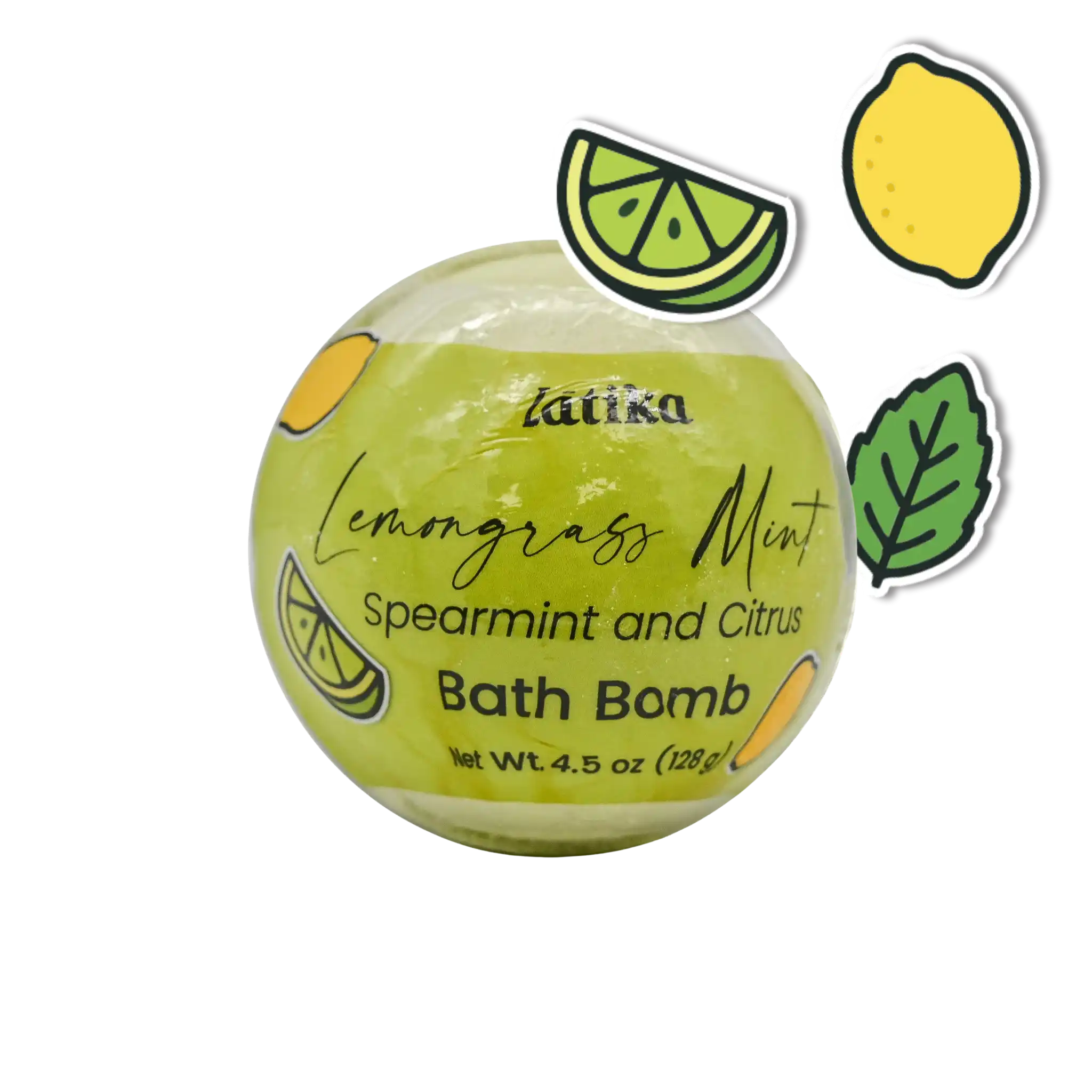 Lemongrass mint bath bomb with decorative elements on a white background