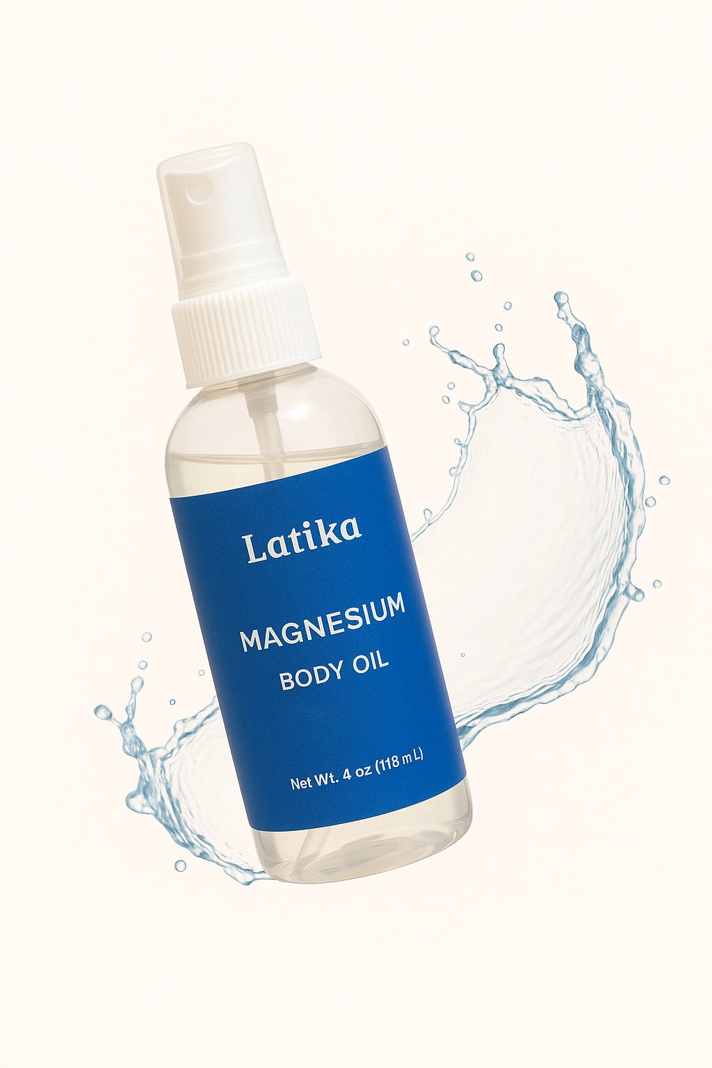 Bottle of Latika magnesium body oil with a blue label on a white background