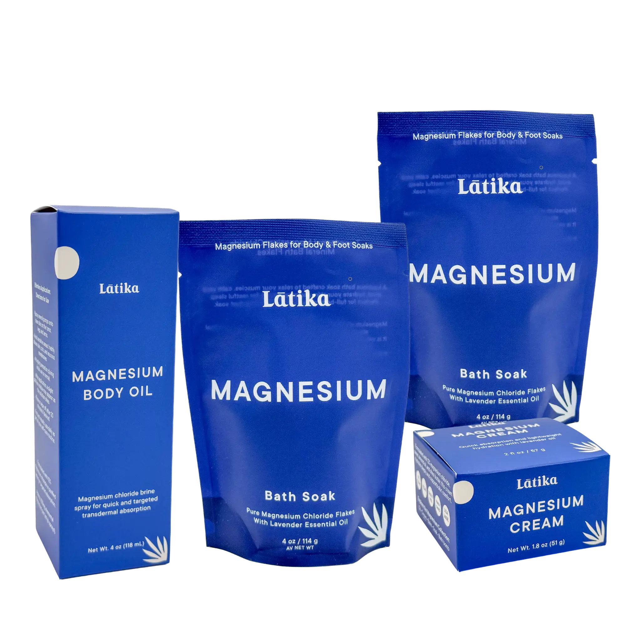 Collection of Latika magnesium products including oil, bath soak, and cream on a white background