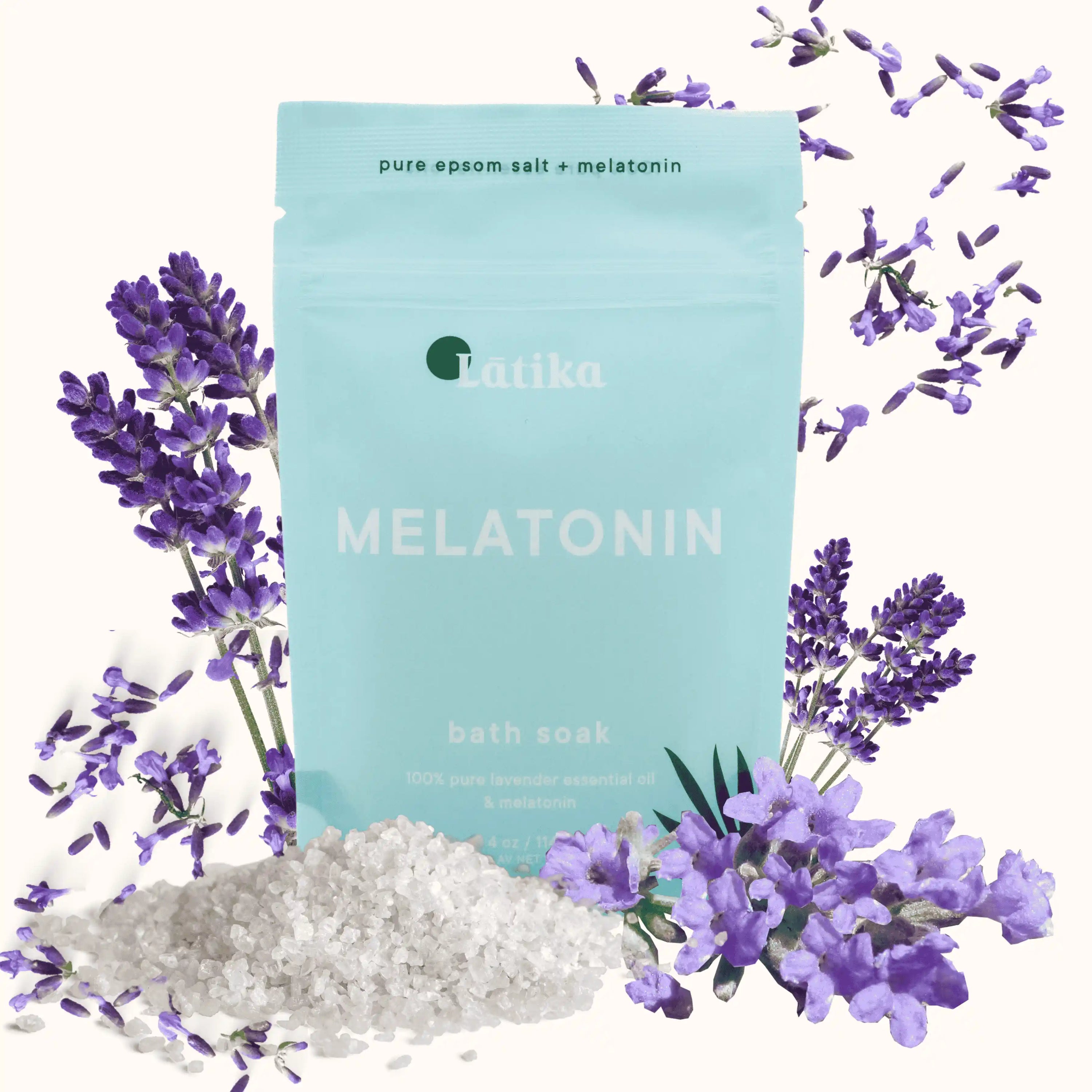 Atika Melatonin bath soak packaging with lavender flowers on a white background