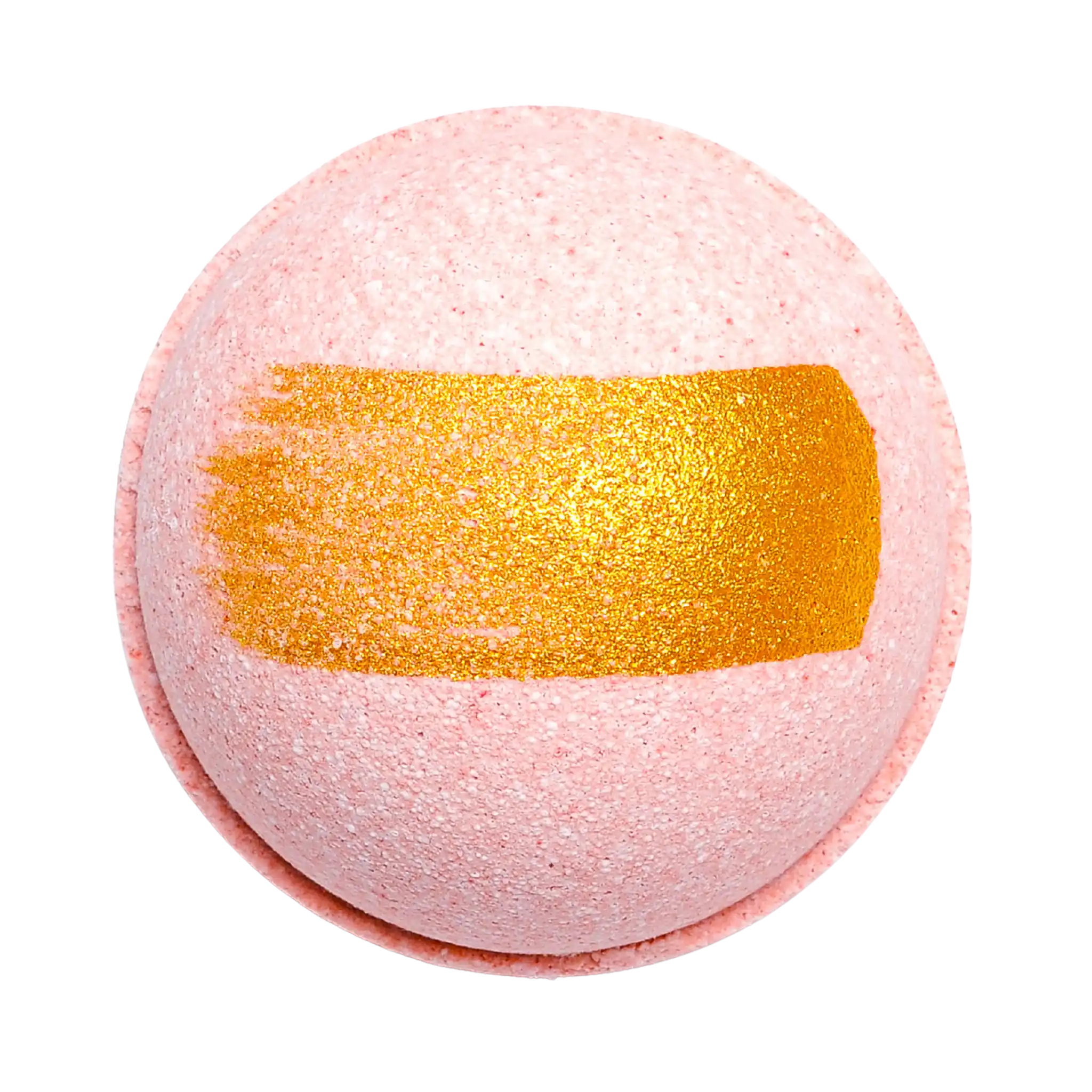 Pink bath bomb with a gold stripe on a white background