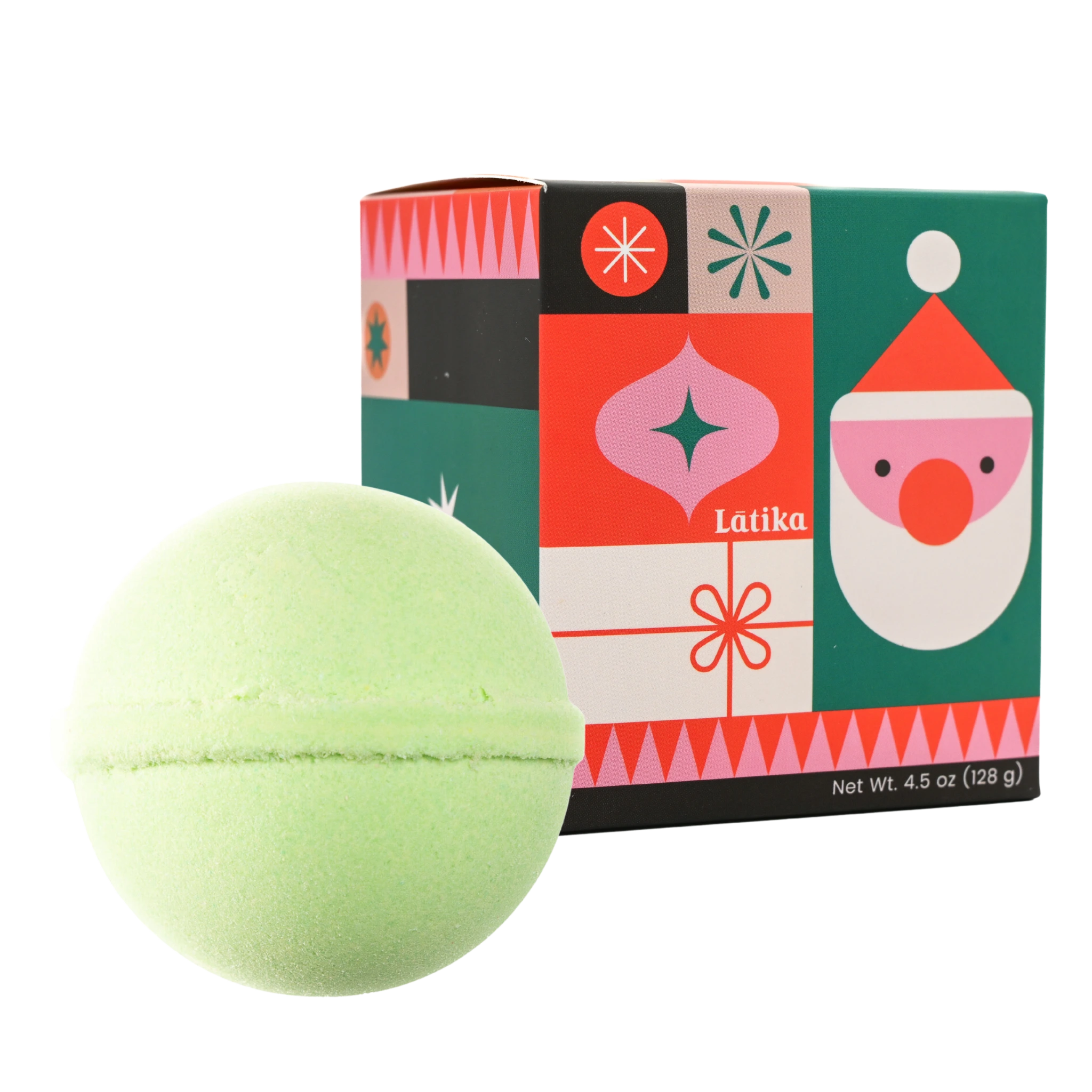 Green bath bomb with a colorful box featuring a Santa Claus design on a white background