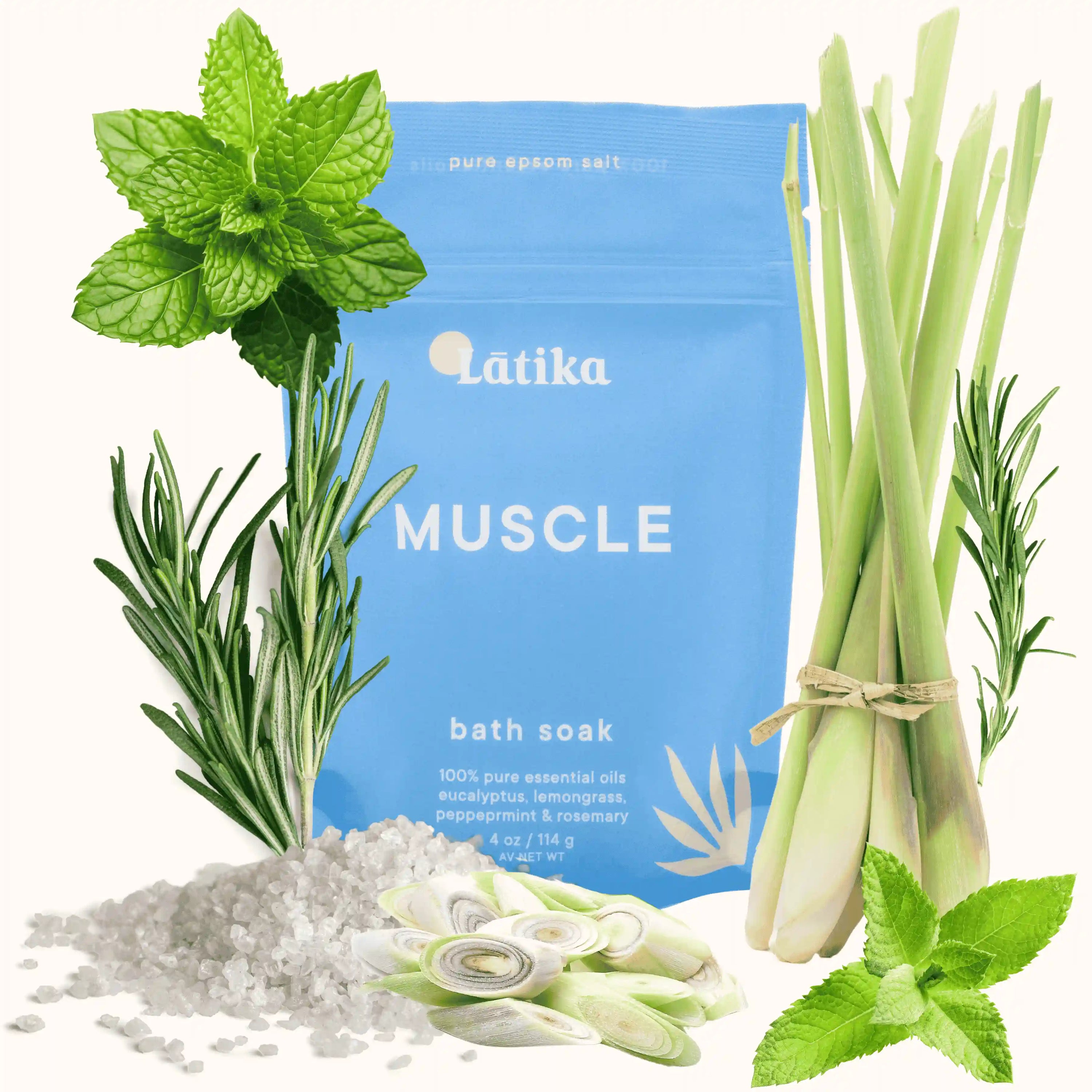 Latika Muscle bath soak packaging with herbs and epsom salts on a white background