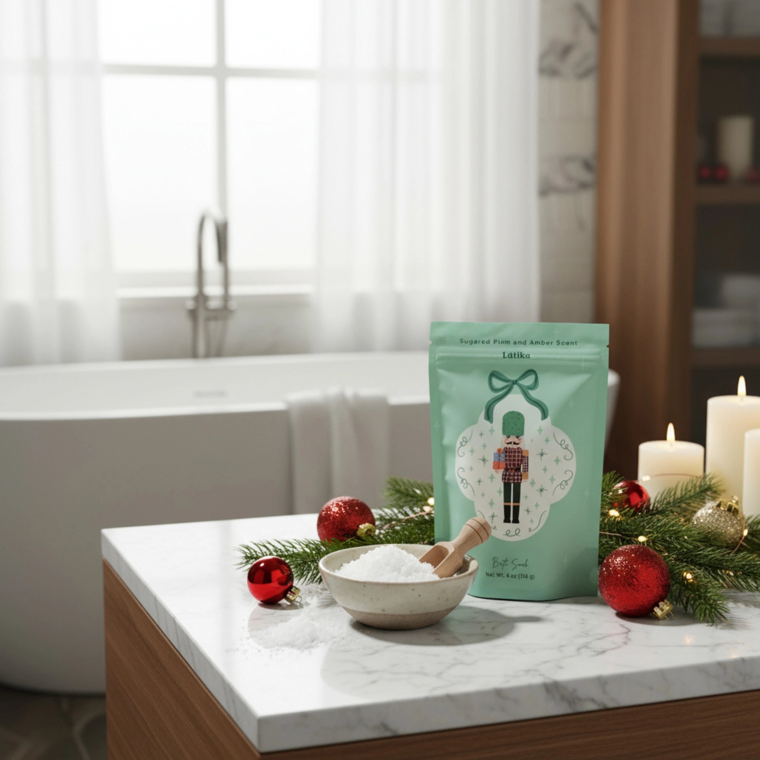 Bath salts with a decorative bag on a marble surface near a bathtub.
