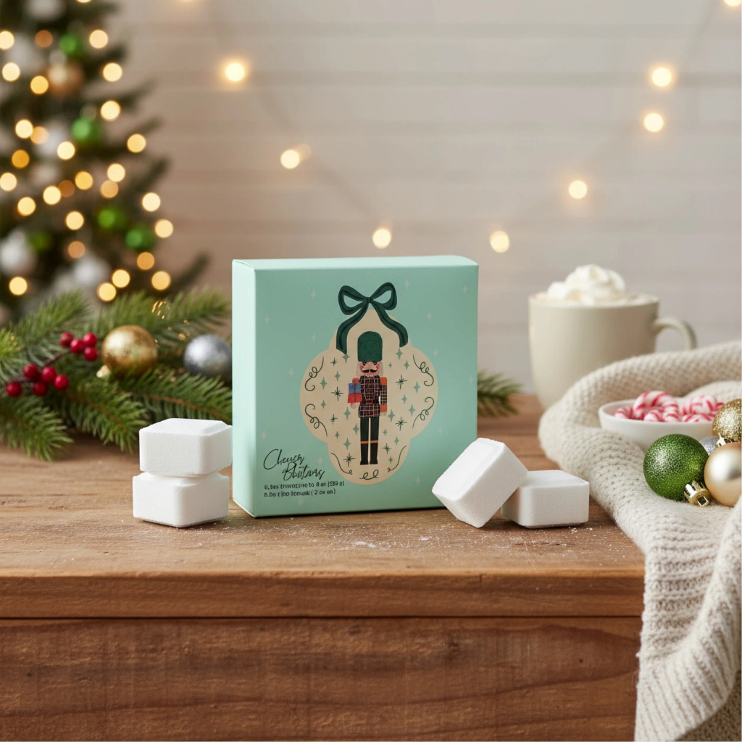 Box of soap with a Christmas-themed design on a wooden surface with festive decorations.