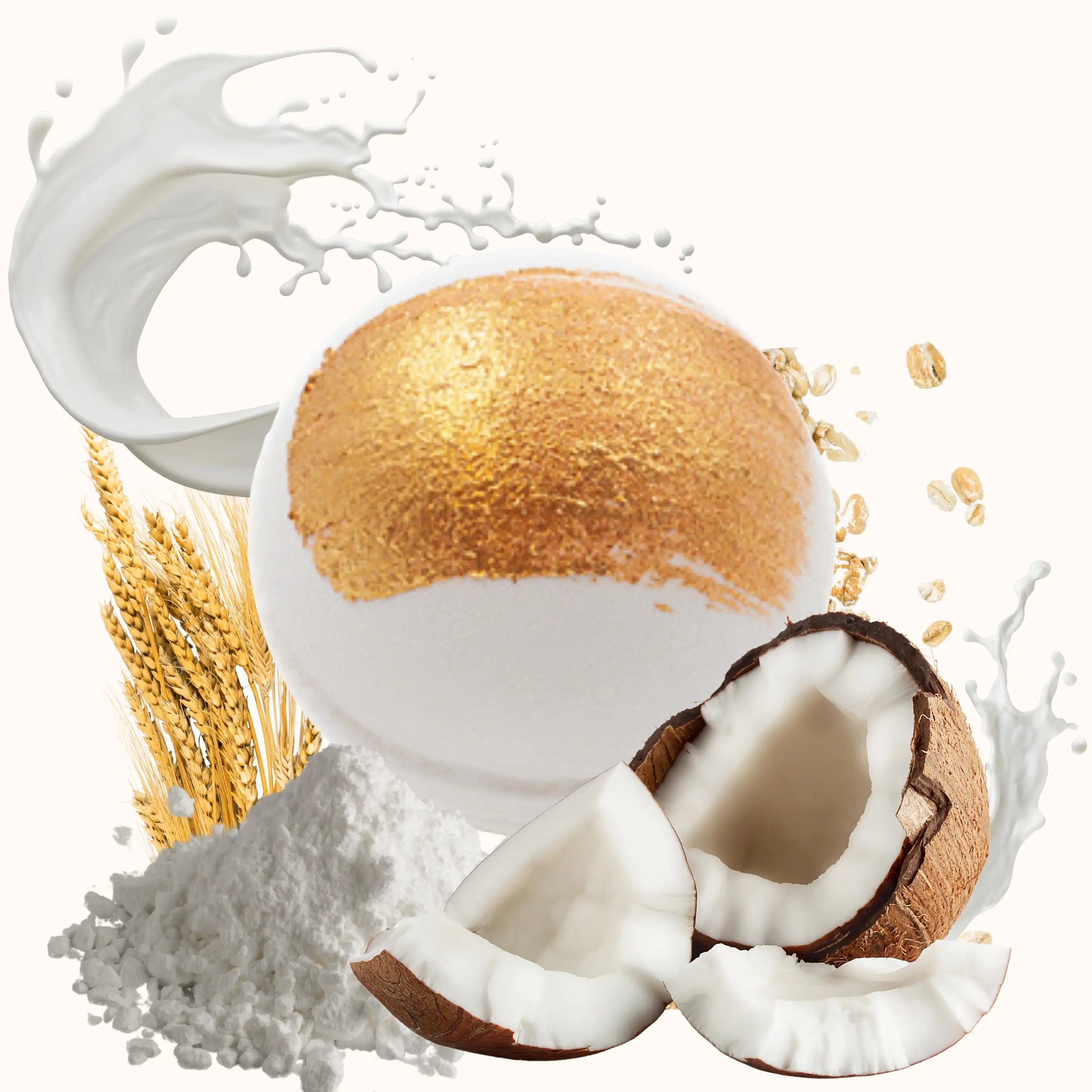 Coconut and gold bath bomb with coconut pieces and milk splash on a white background