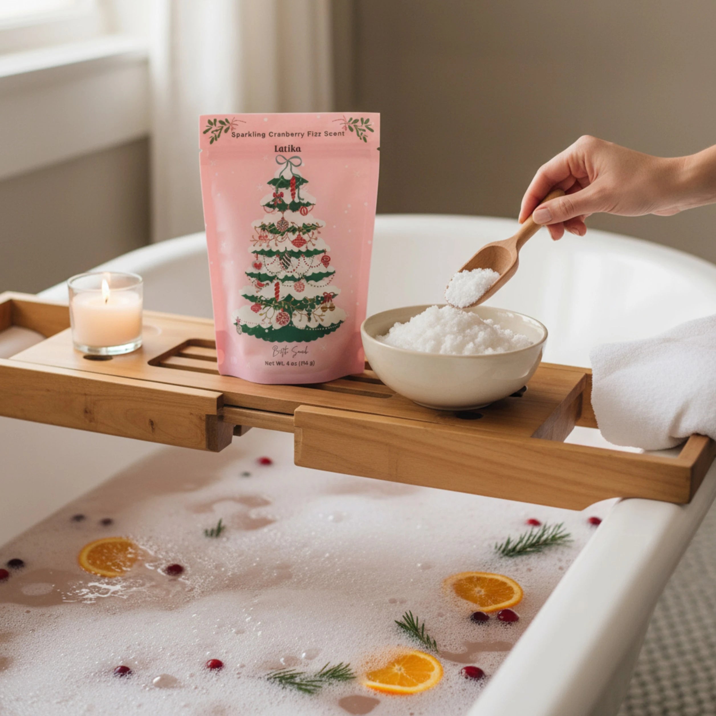 Bath caddy with a bag of Epsom salts, a bowl of salt, and a wooden spoon over a bathtub filled with water and bath bombs.