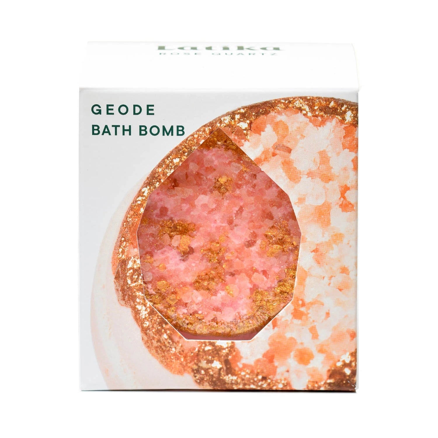 Geode bath bomb packaging with pink and gold design on a white background