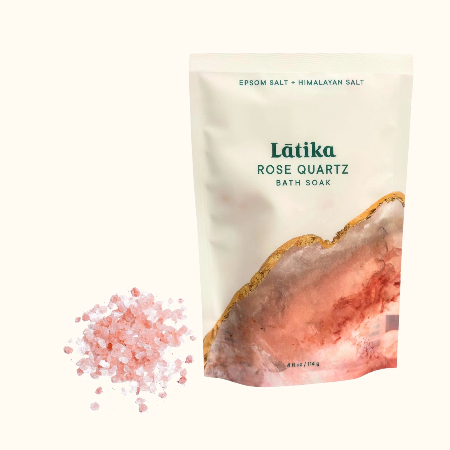 Rose Quartz Geode Crystal Mineral Bath Soak with soft floral scent and Himalayan salt in pink mineral color by Latika Beauty