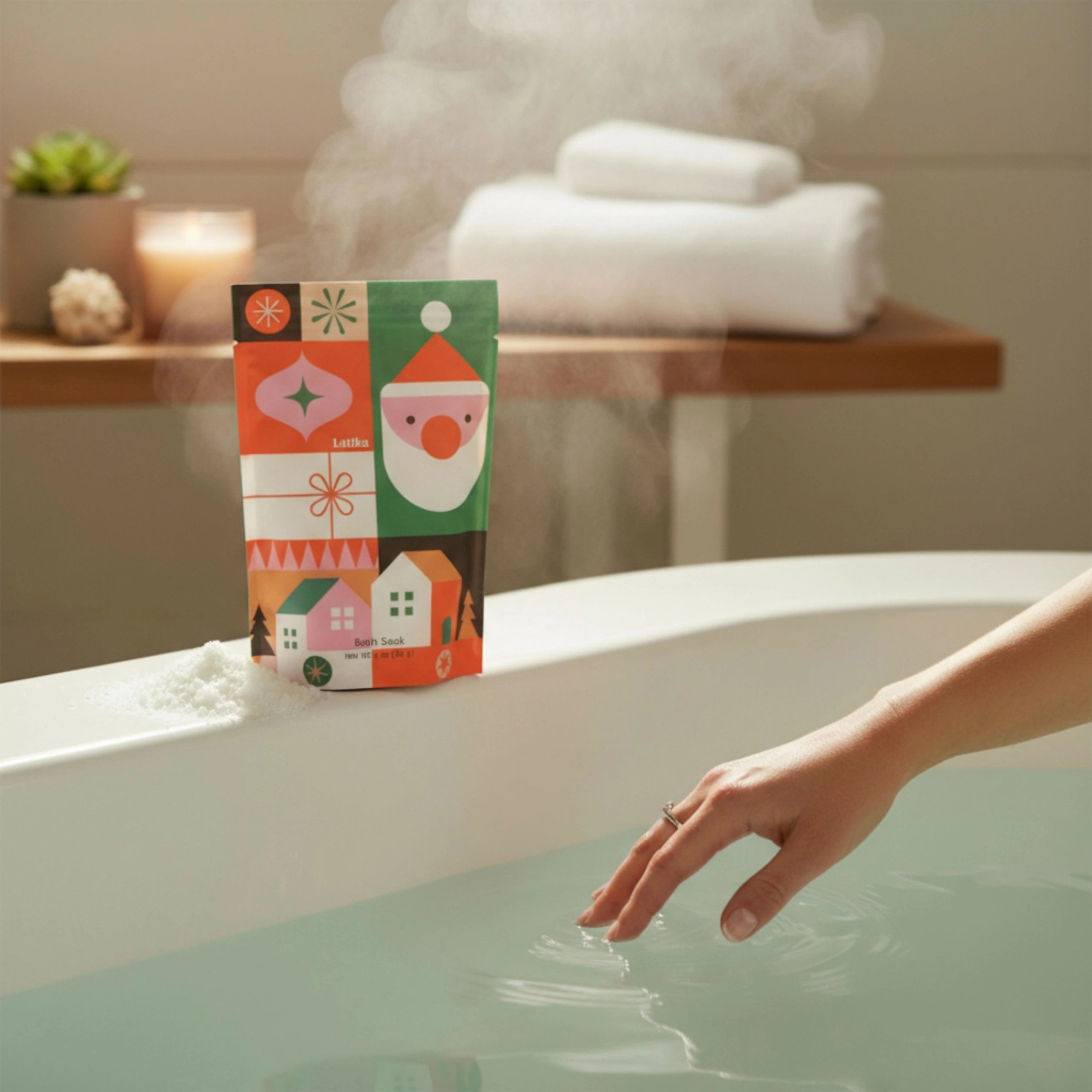Colorful bath bomb packaging on a bathtub with steam and towels in the background